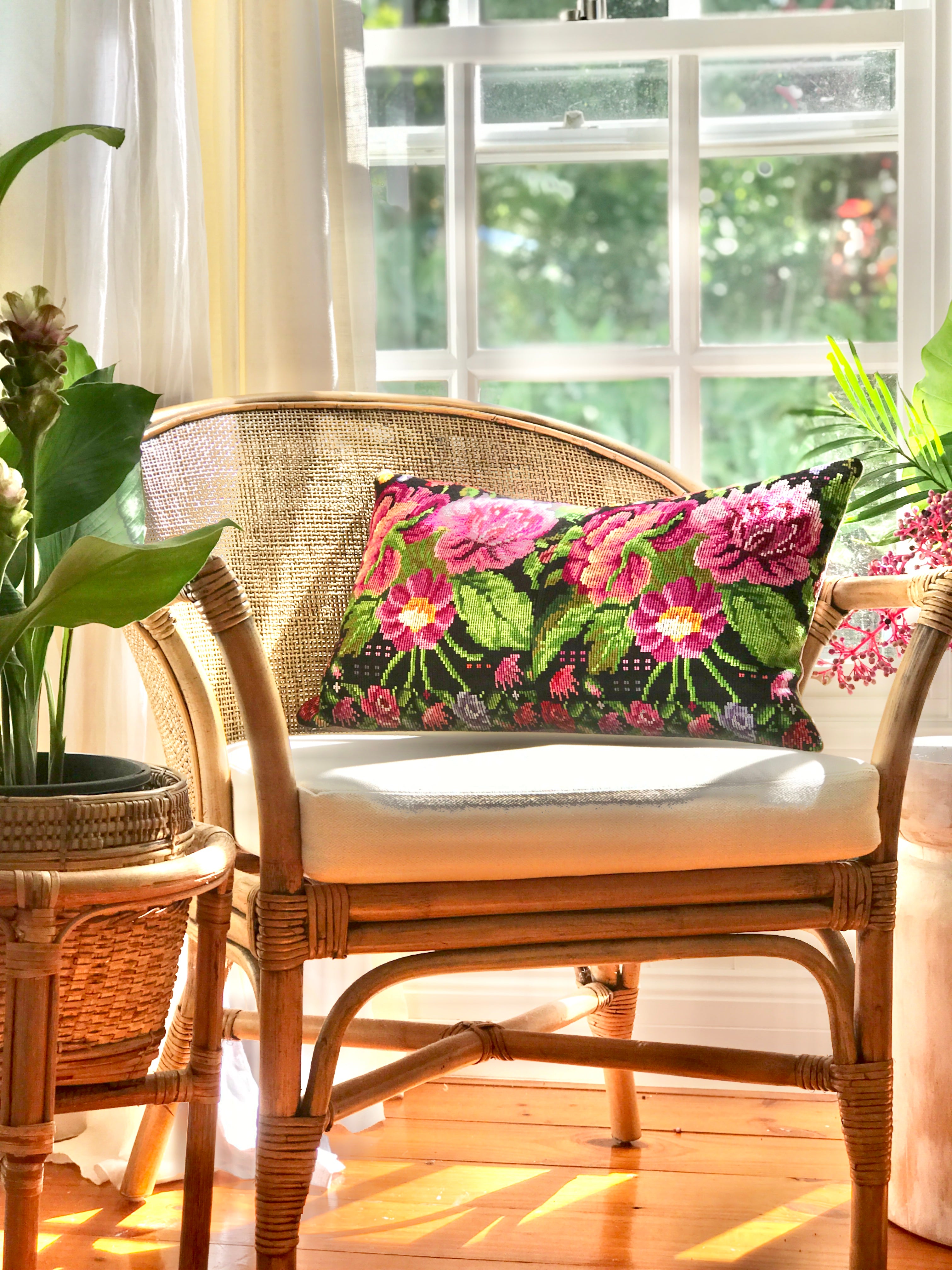 Vintage textile floral huipil cushion