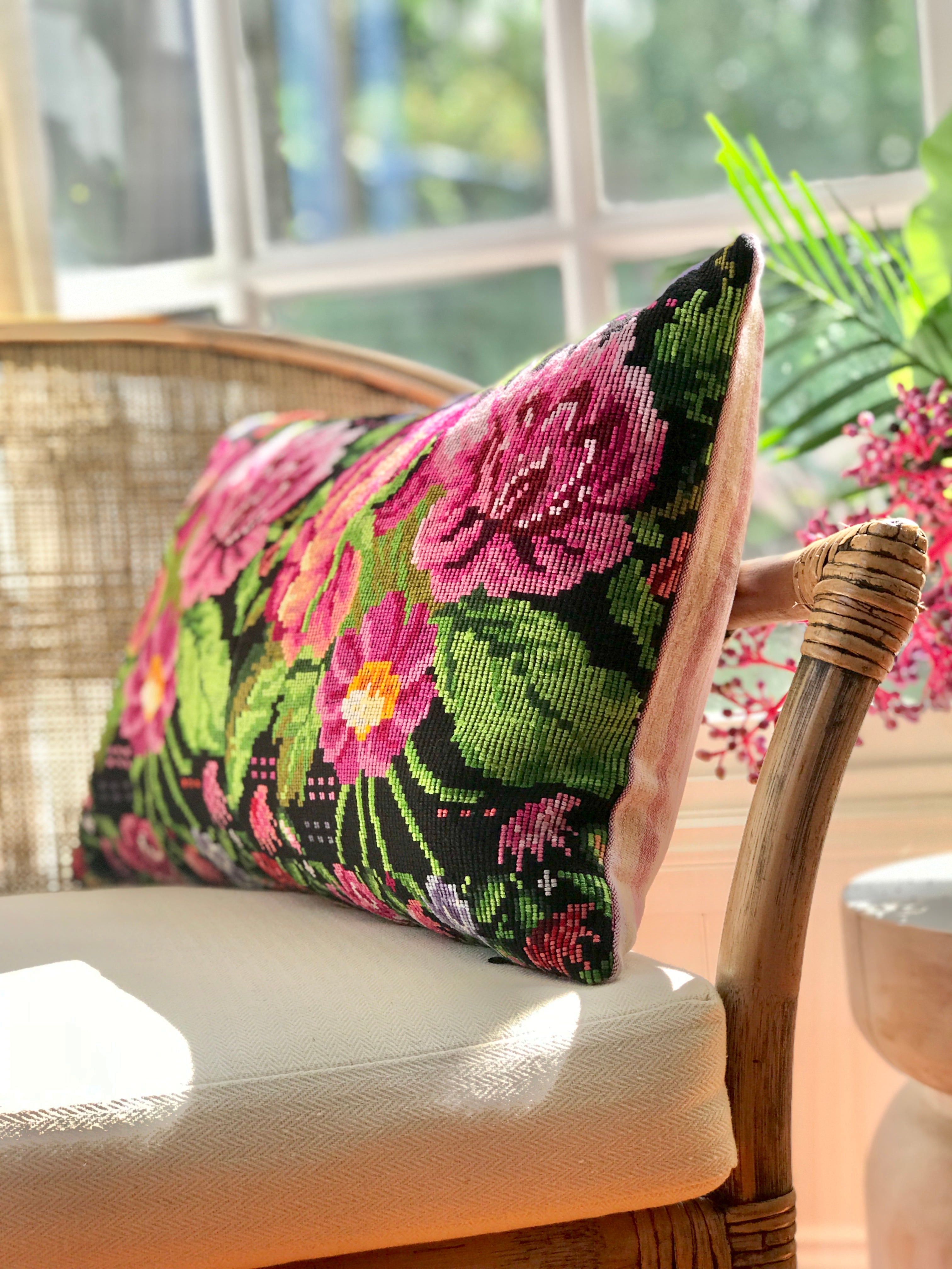 Vintage textile floral huipil cushion
