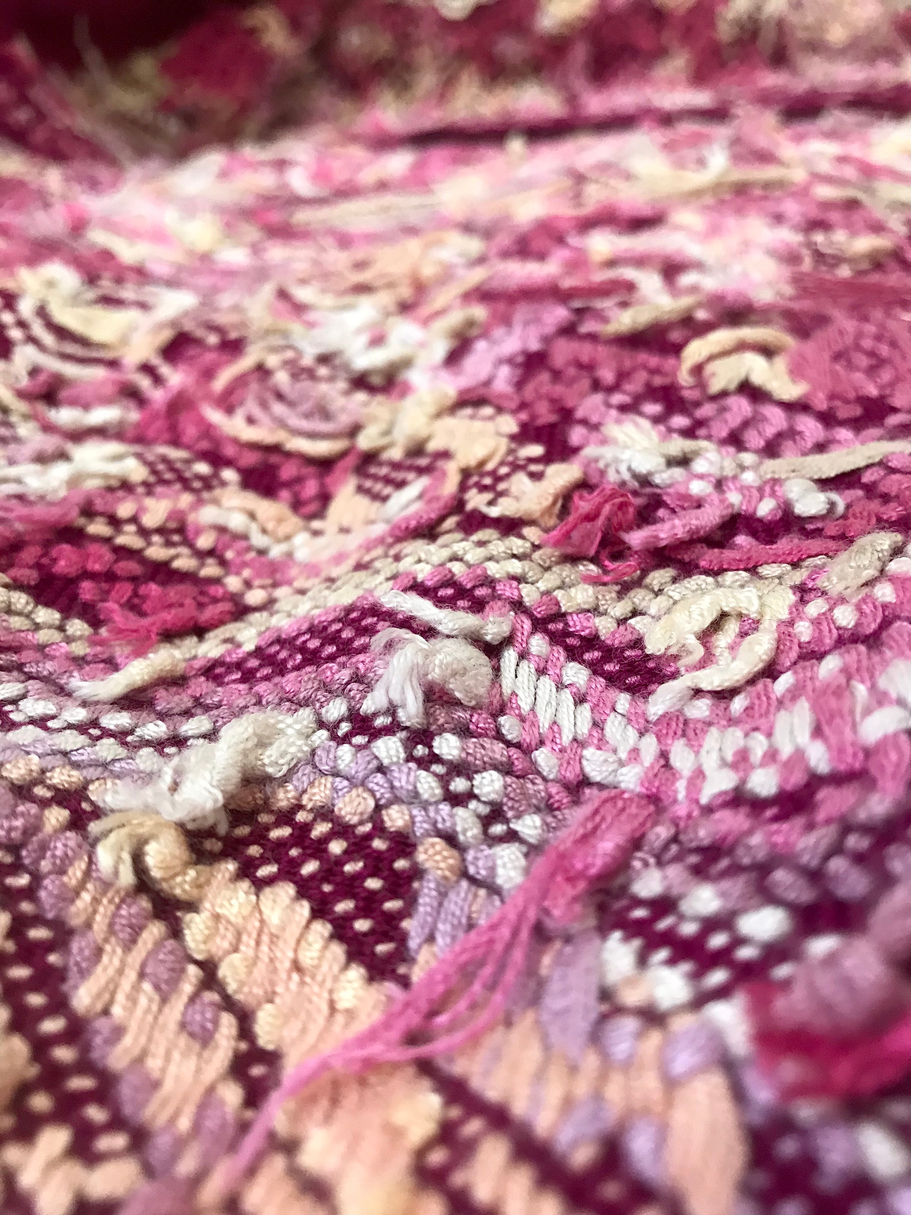 Guatemalan embroidered huipil pillow. Chinoiserie style of Ibis birds in bold fuchsia and white