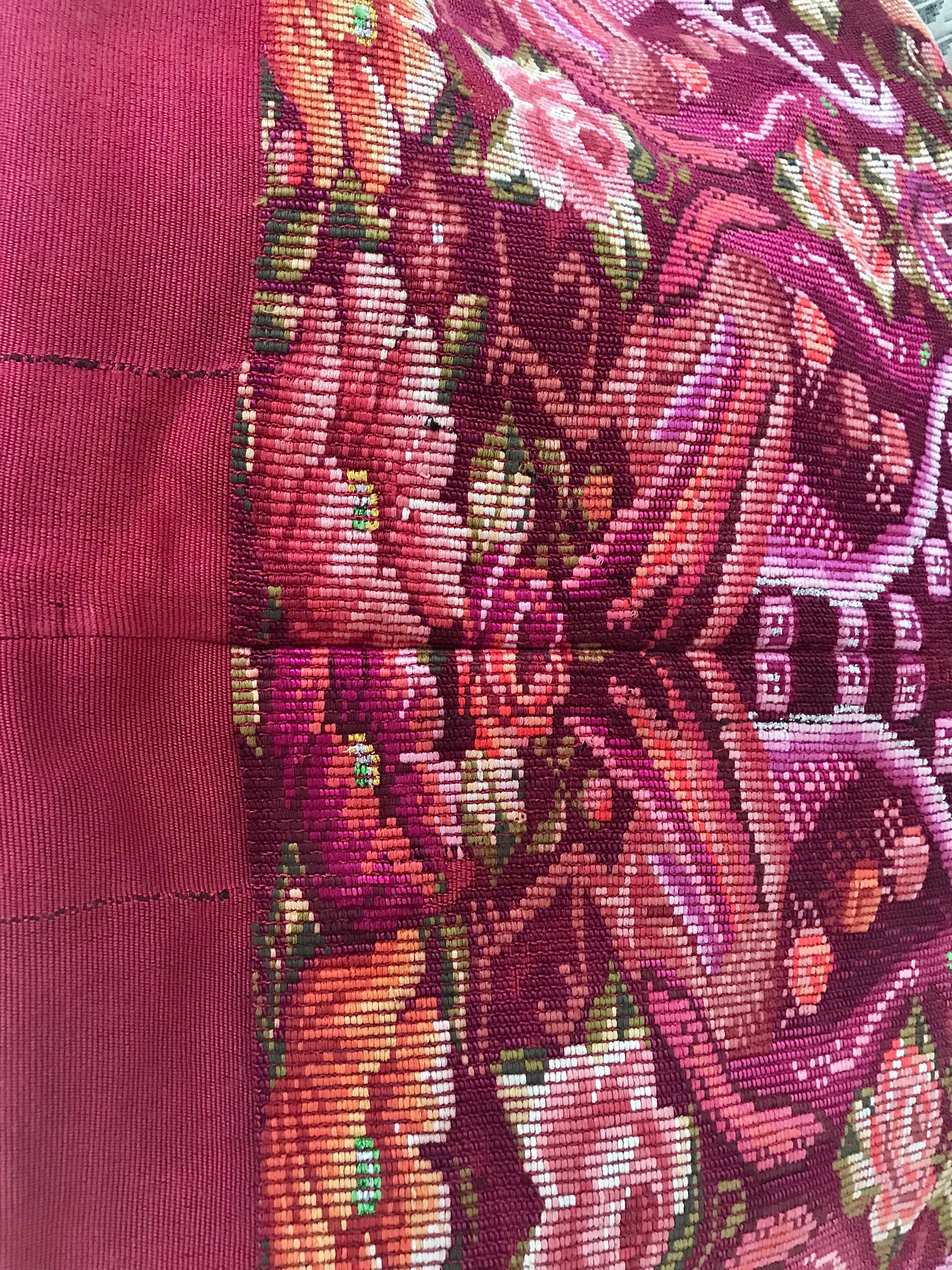 Guatemalan embroidered huipil pillow. Maximilist design of flowers and peacocks in rich burgundy.