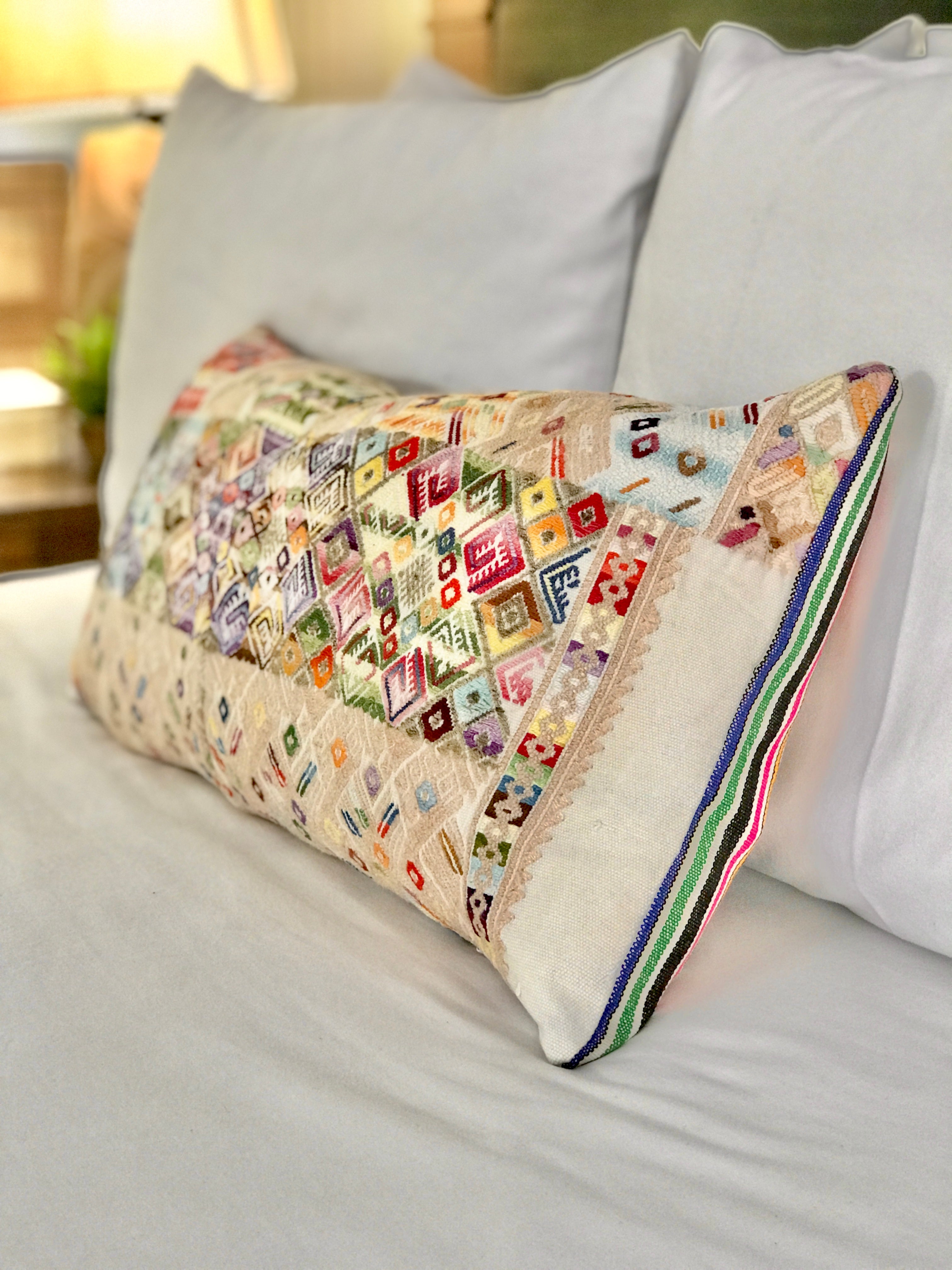 Vintage textile huipil cushion