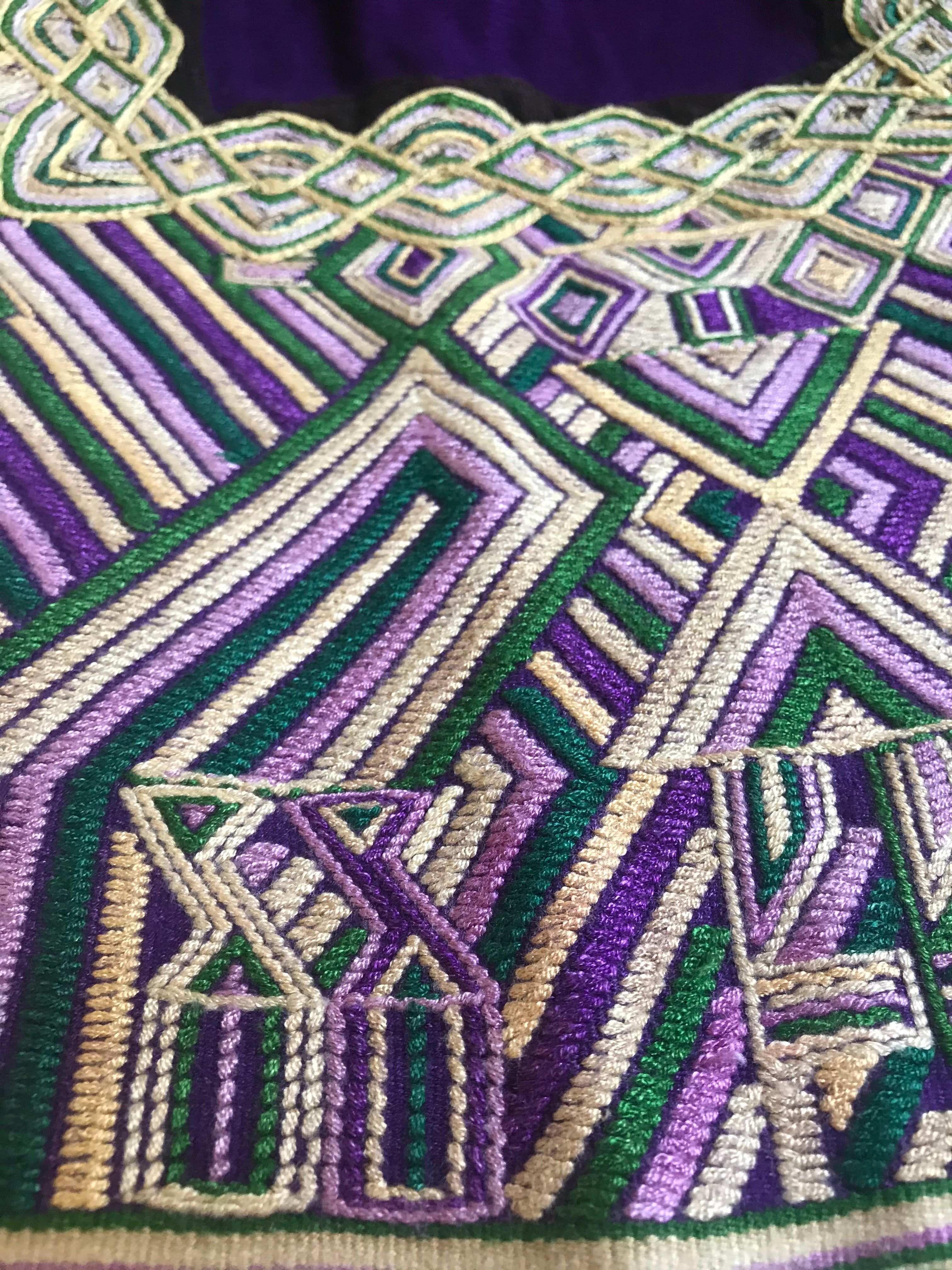 A Pair of Guatemalan Huipil Textile Pillows, vintage, hand embroidered purple and gold Art Deco, Hollywood regency lumbar cushions