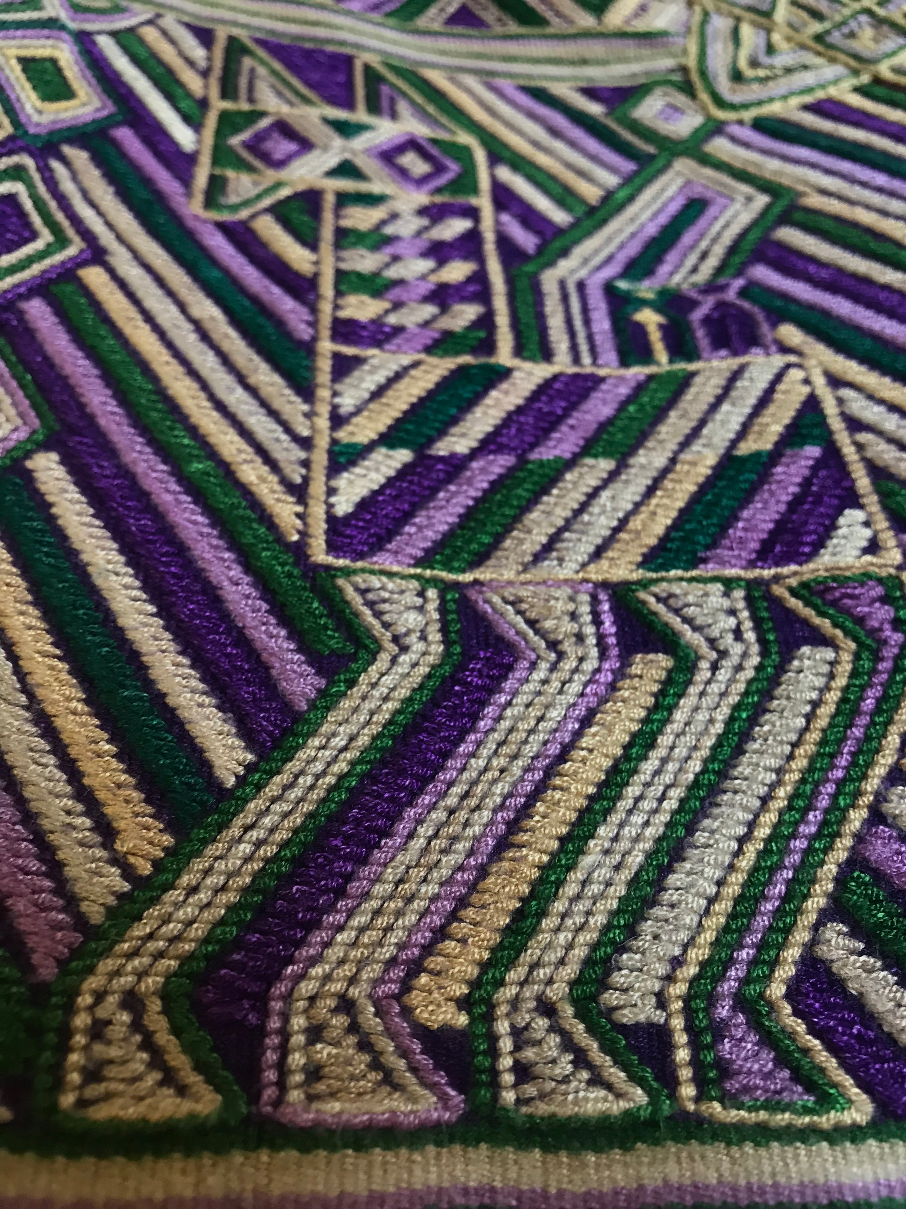 A Pair of Guatemalan Huipil Textile Pillows, vintage, hand embroidered purple and gold Art Deco, Hollywood regency lumbar cushions