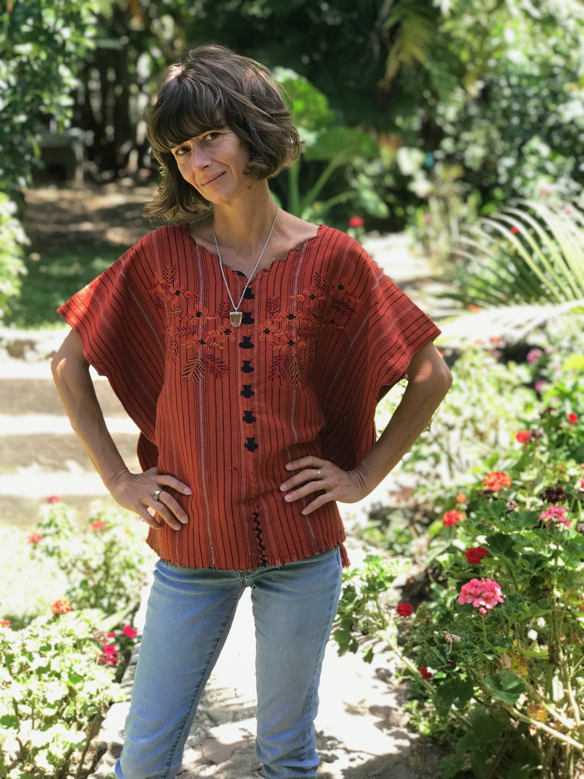 Guatemalan Huipil - orange striped Santa Catarina huipil