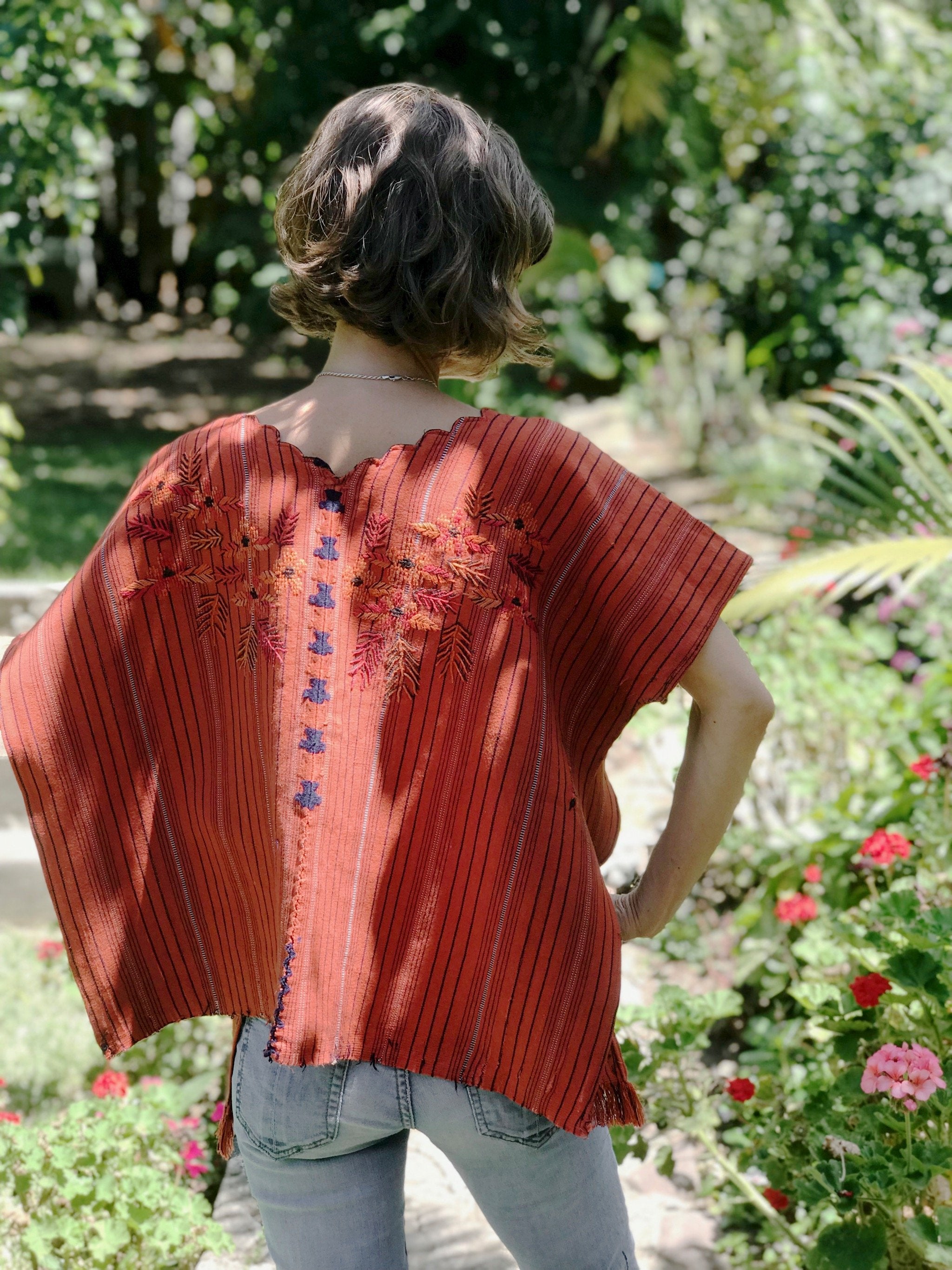 Guatemalan Huipil - orange striped Santa Catarina huipil