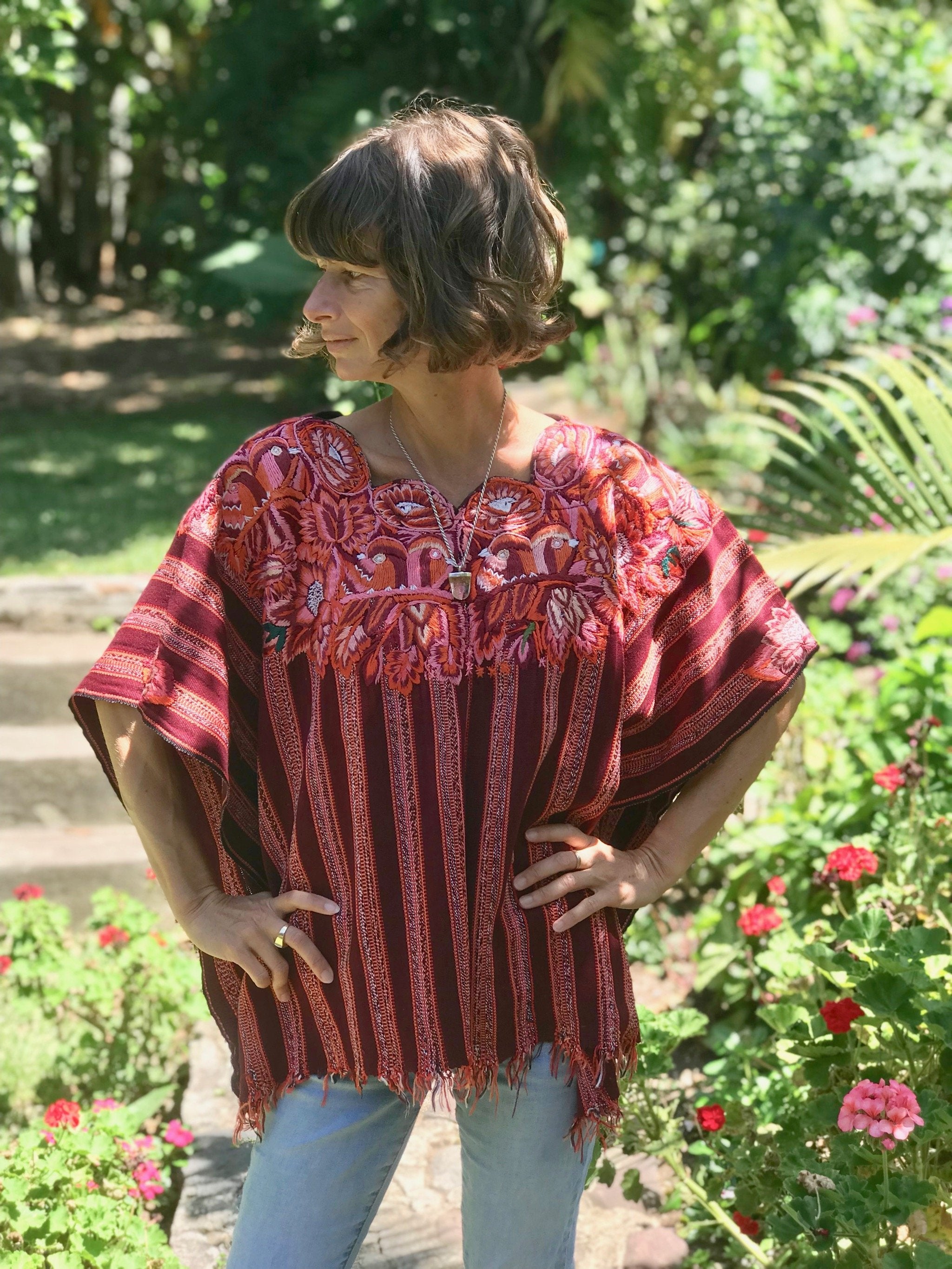 Guatemalan Huipil - Coral striped with floral neckline Patzun huipil