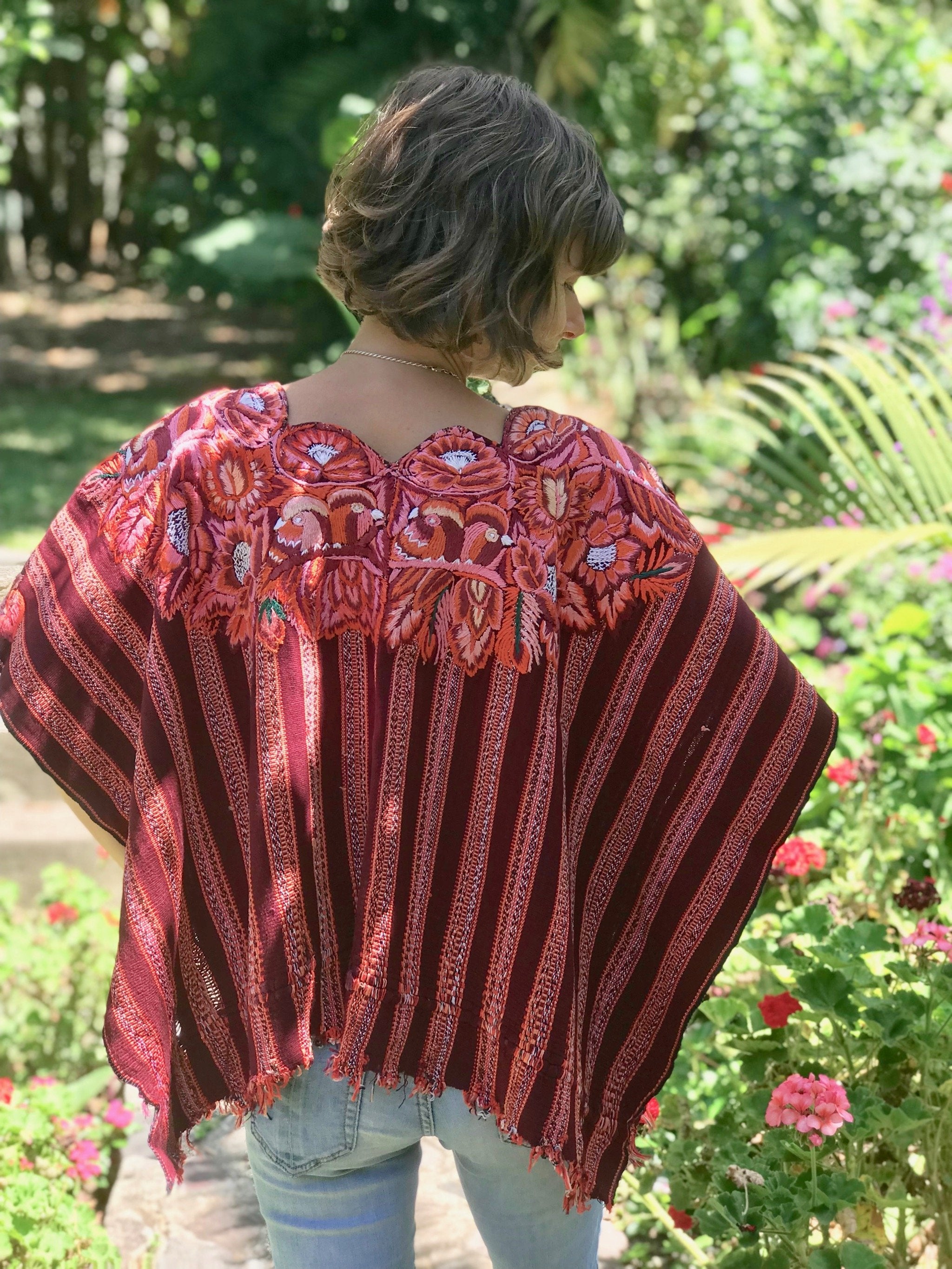 Guatemalan Huipil - Coral striped with floral neckline Patzun huipil