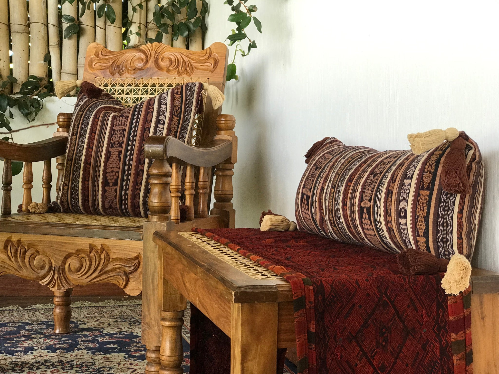 Guatemalan Textile Pillow, vintage, hand woven brown striped ikat throw cushion with tassels