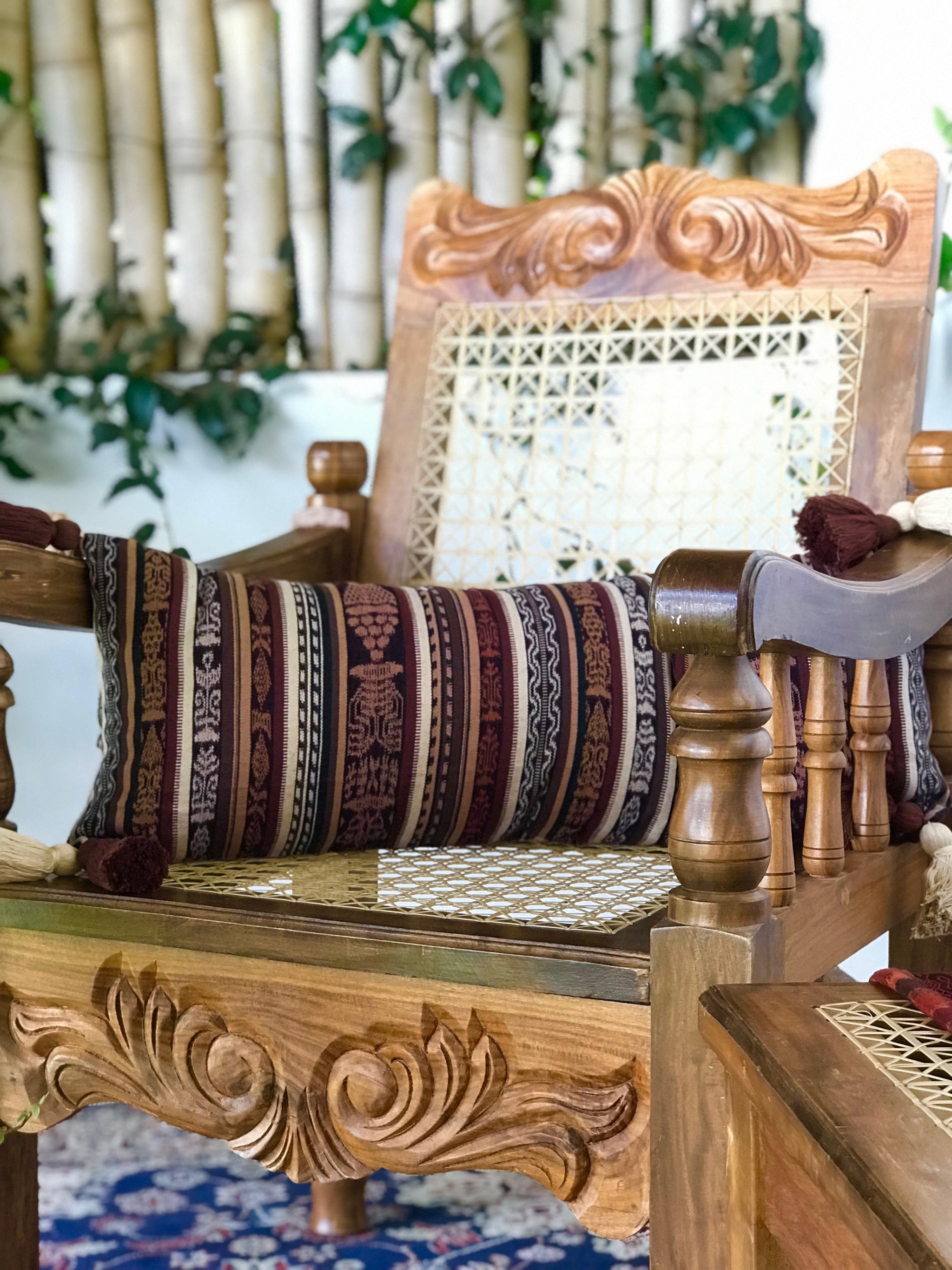 Guatemalan Textile Pillow, vintage, hand woven brown striped ikat lumbar cushion with tassels