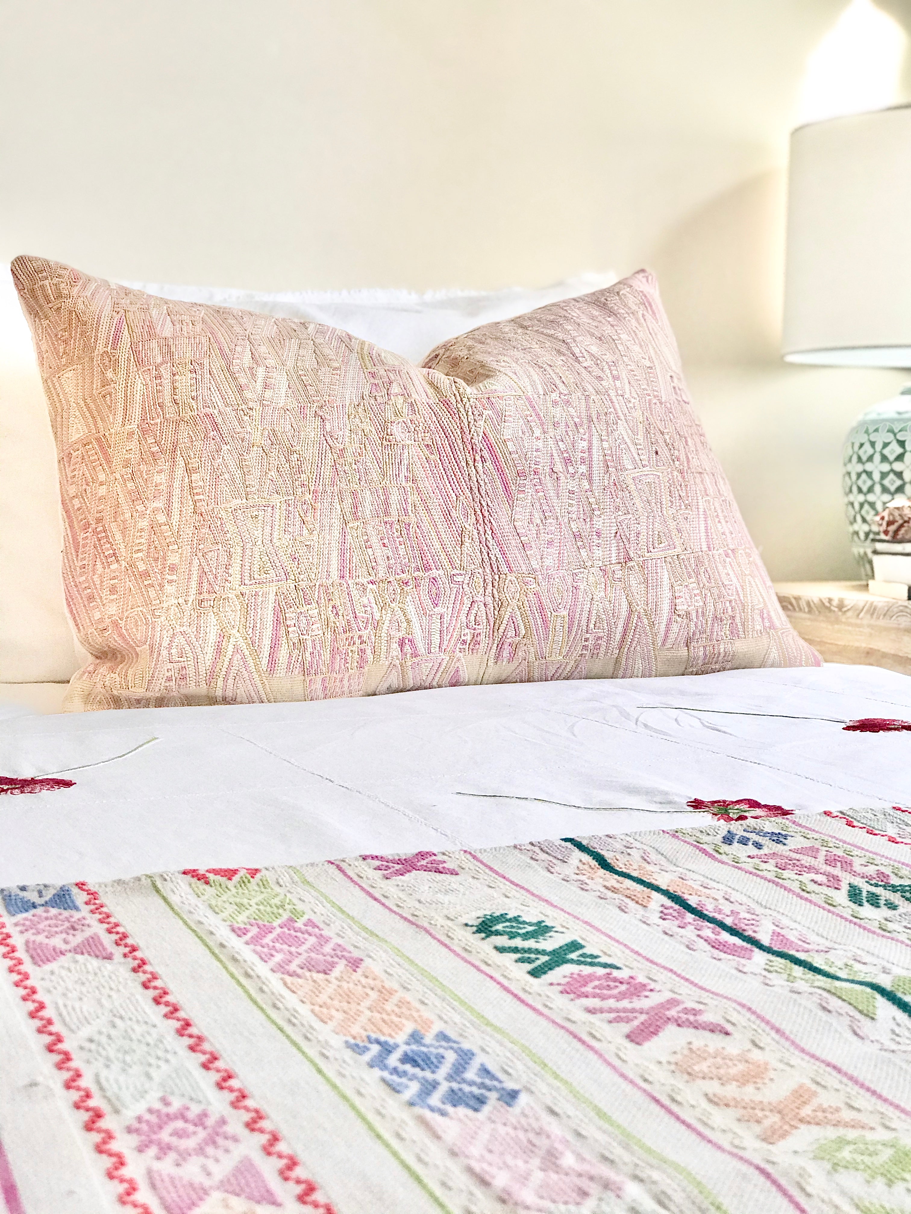 Guatemalan Huipil Pillow, vintage, hand embroidered textile in a beautiful blush and golden beige with subtle abstract tribal figures