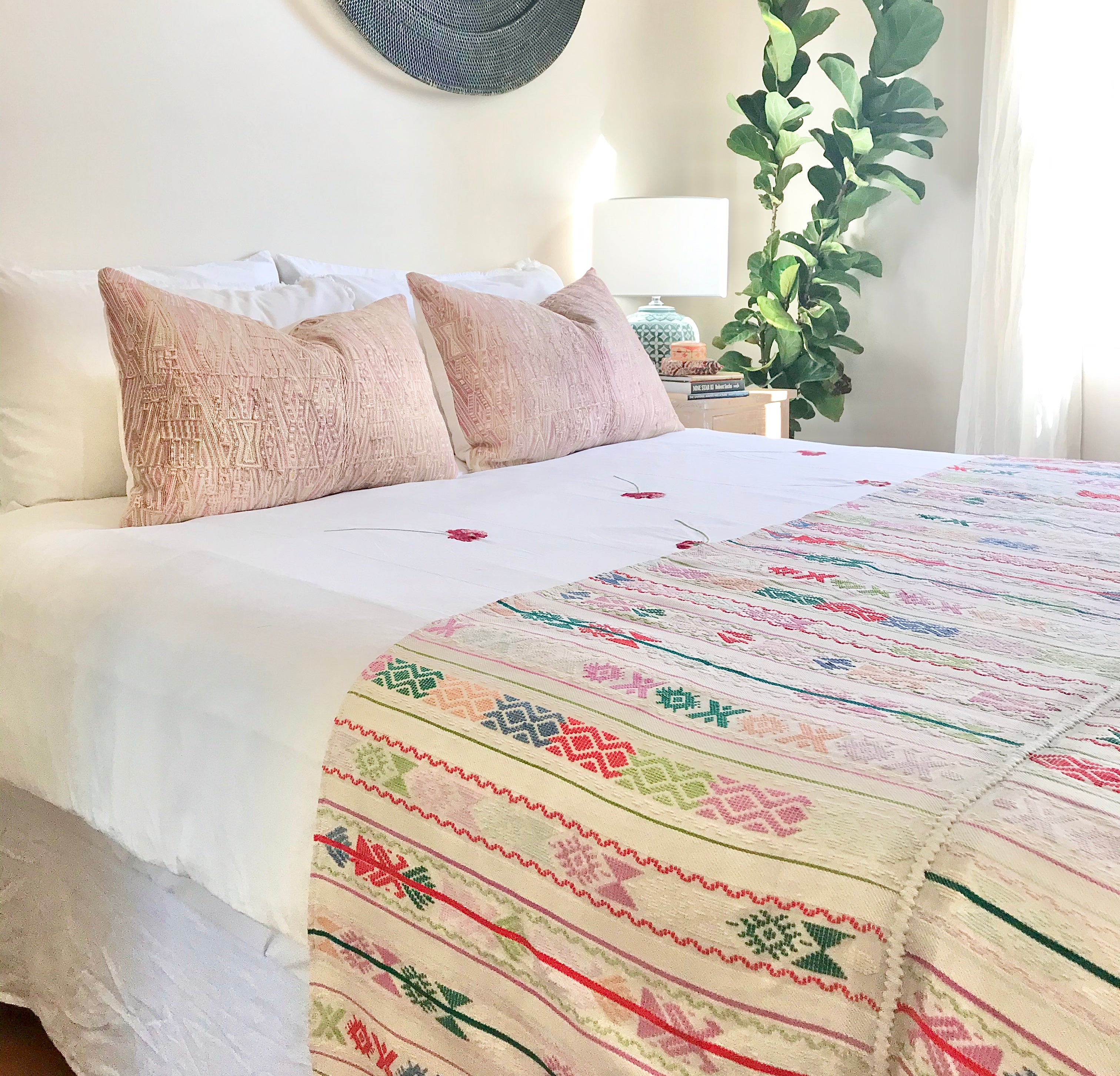 Guatemalan Huipil Pillow, vintage, hand embroidered textile in a beautiful blush and golden beige with subtle abstract tribal figures