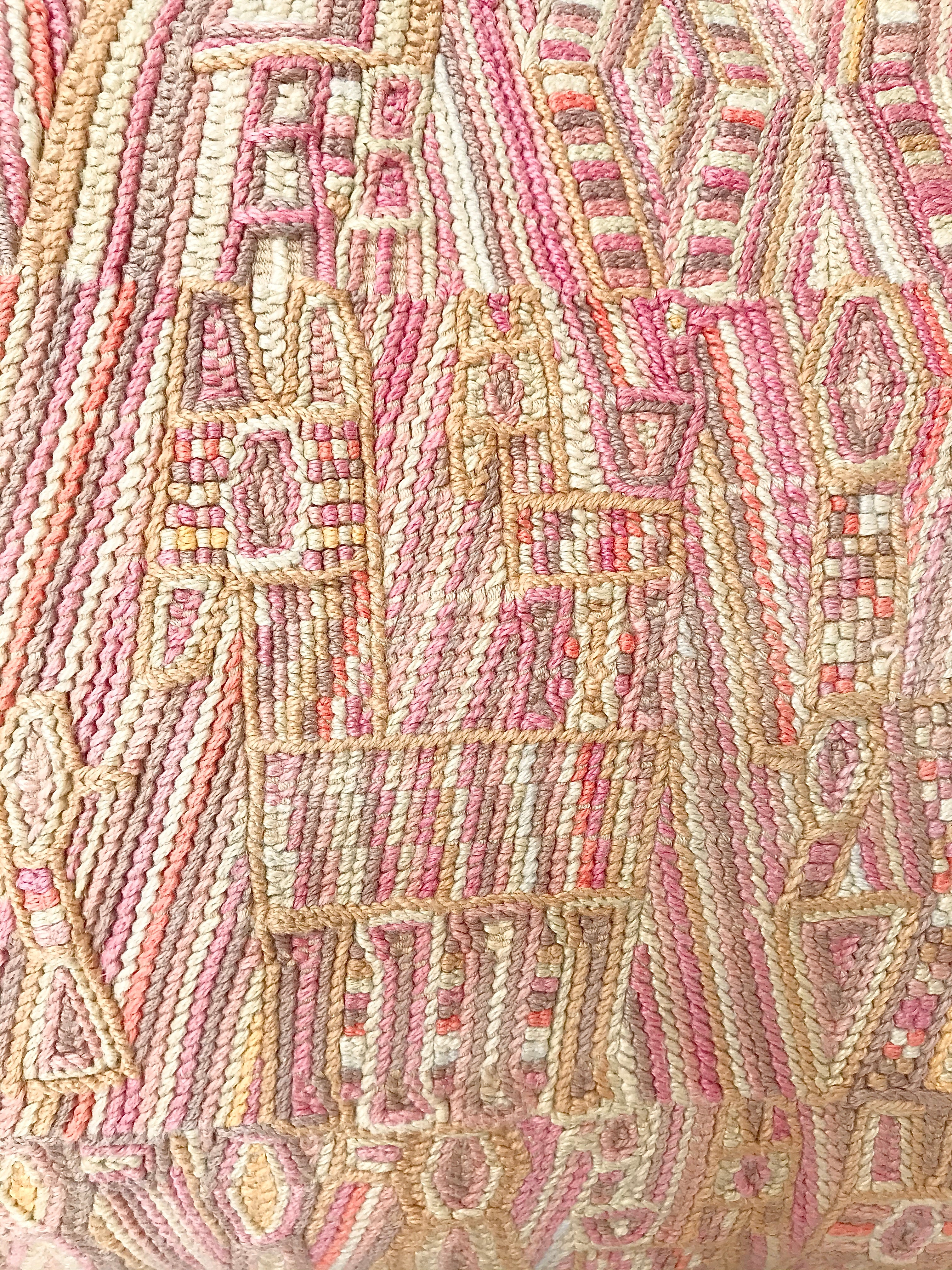 Guatemalan Huipil Pillow, vintage, hand embroidered textile in a beautiful blush and golden beige with subtle abstract tribal figures