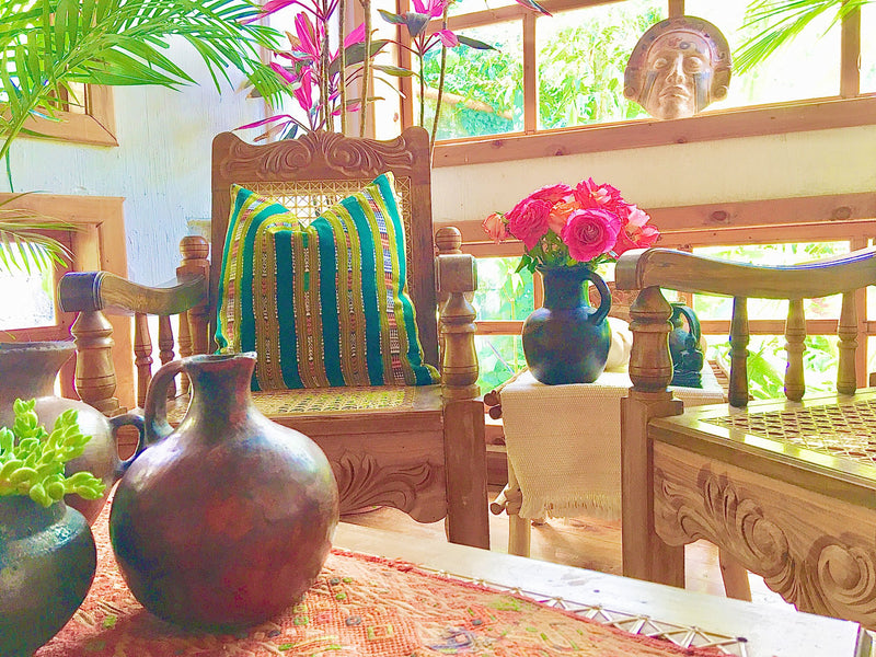Guatemalan Textile Pillow, vintage, hand woven green and olive striped ikat throw cushion