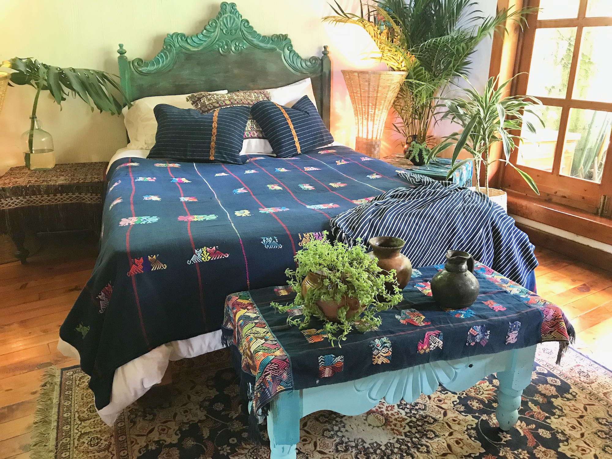 Guatemalan Textile, indigo blue table runner with colourful embroidery, originally a Nahuala tzute