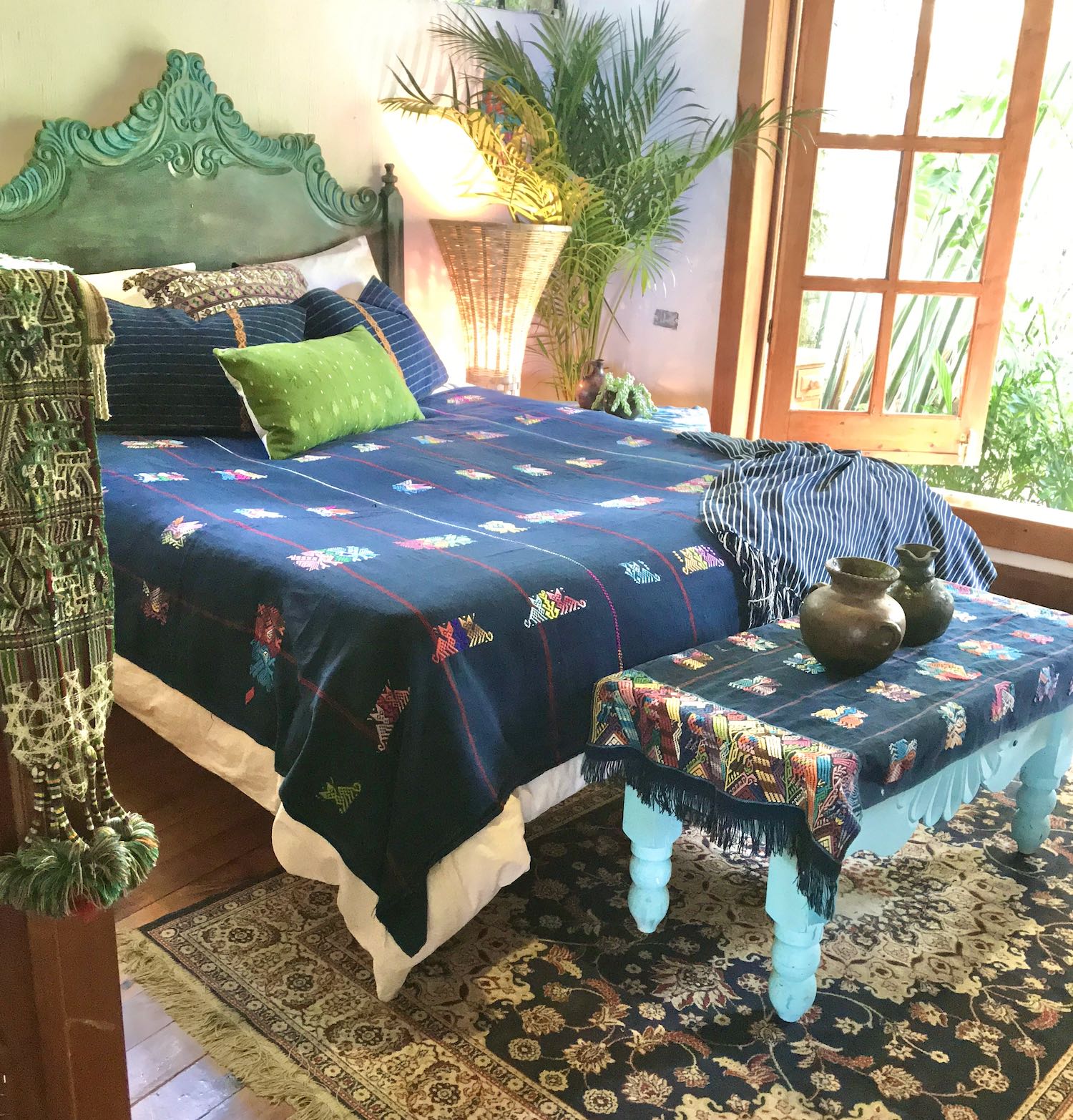 Guatemalan Textile, indigo blue table runner with colourful embroidery, originally a Nahuala tzute