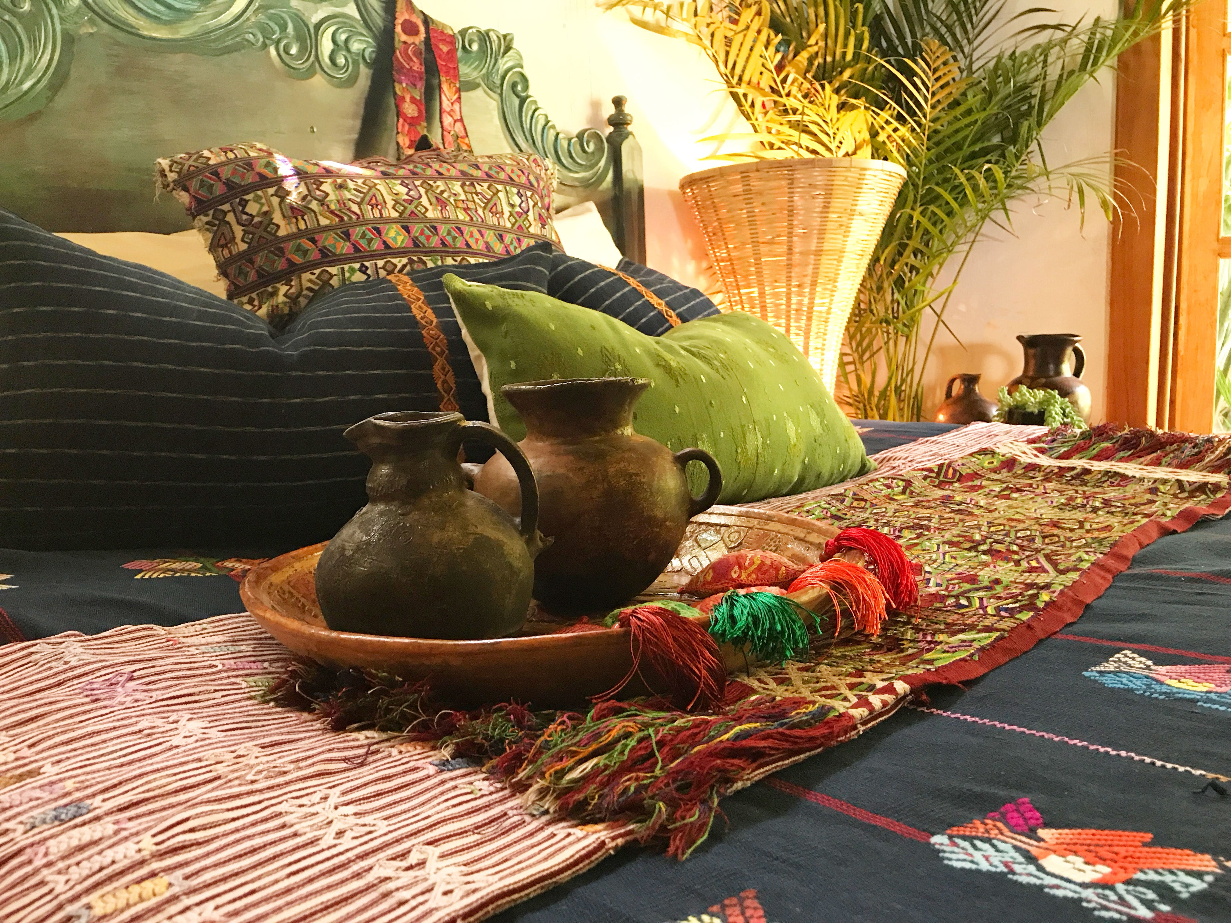 Guatemalan Textile, red and green hand embroidered table runner with fringe, originally a Nebaj tzute