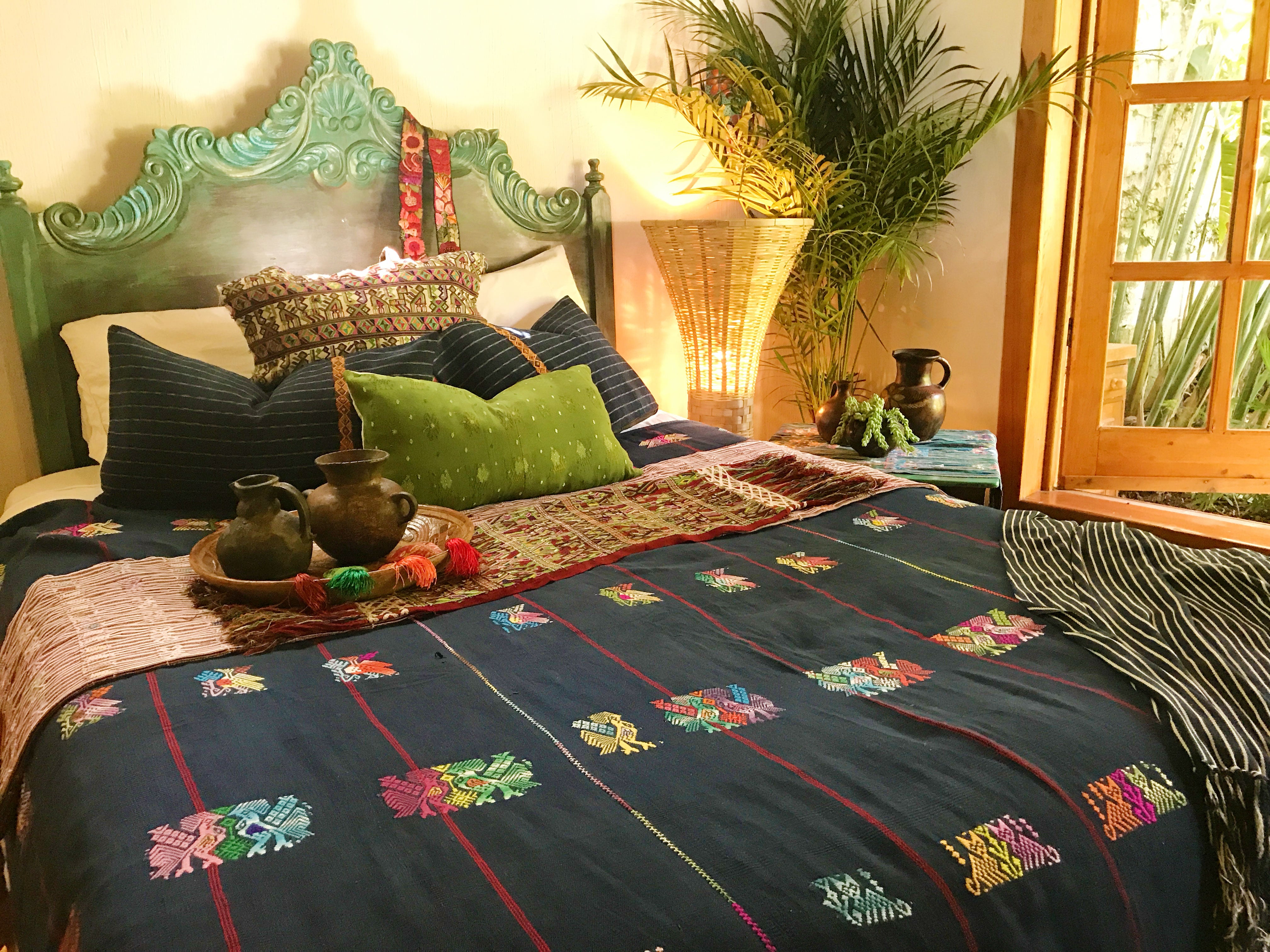Guatemalan Textile, red and green hand embroidered table runner with fringe, originally a Nebaj tzute