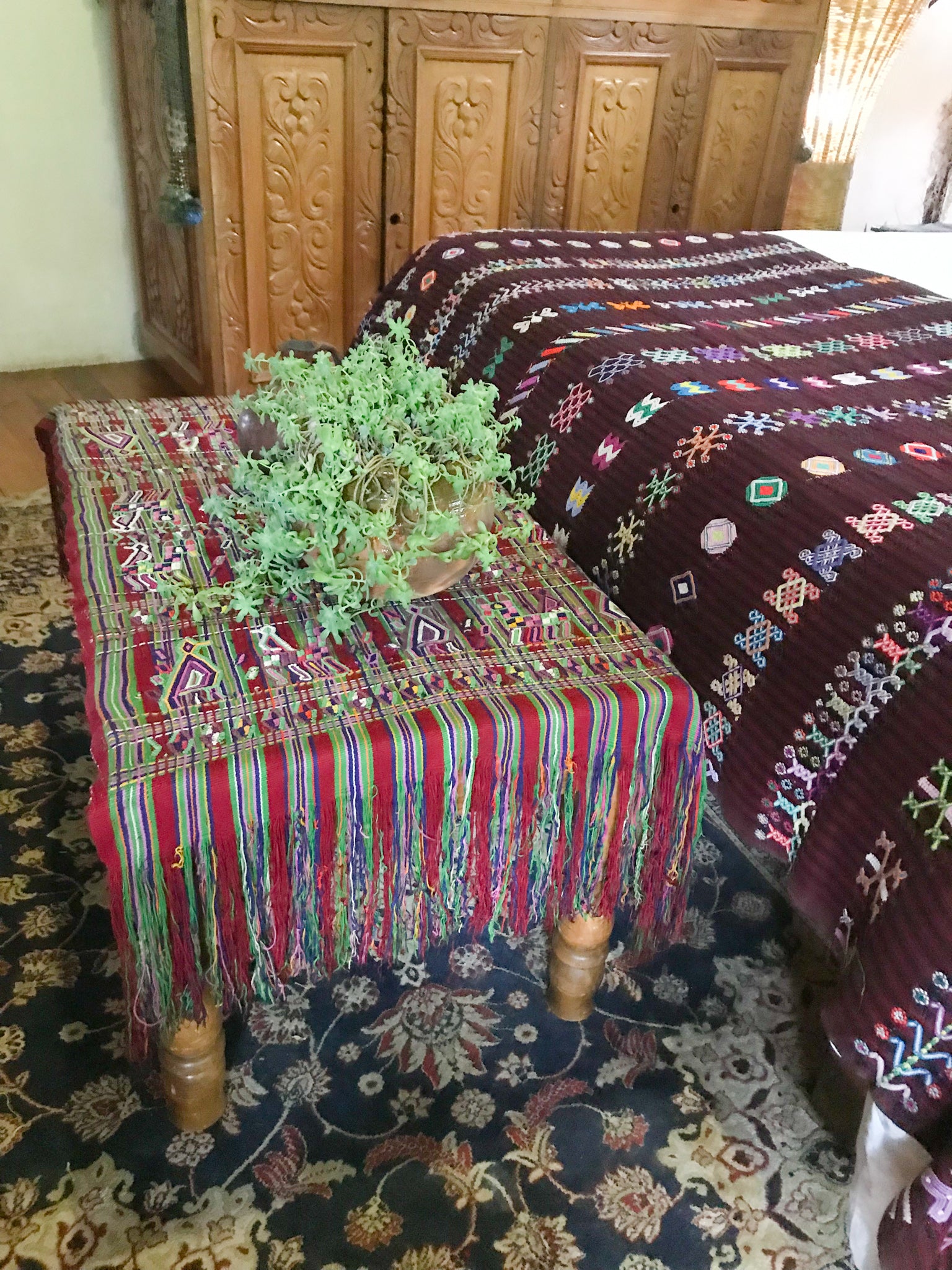Guatemalan Textile, red and green hand embroidered table runner with fringe, originally a Nebaj tzute