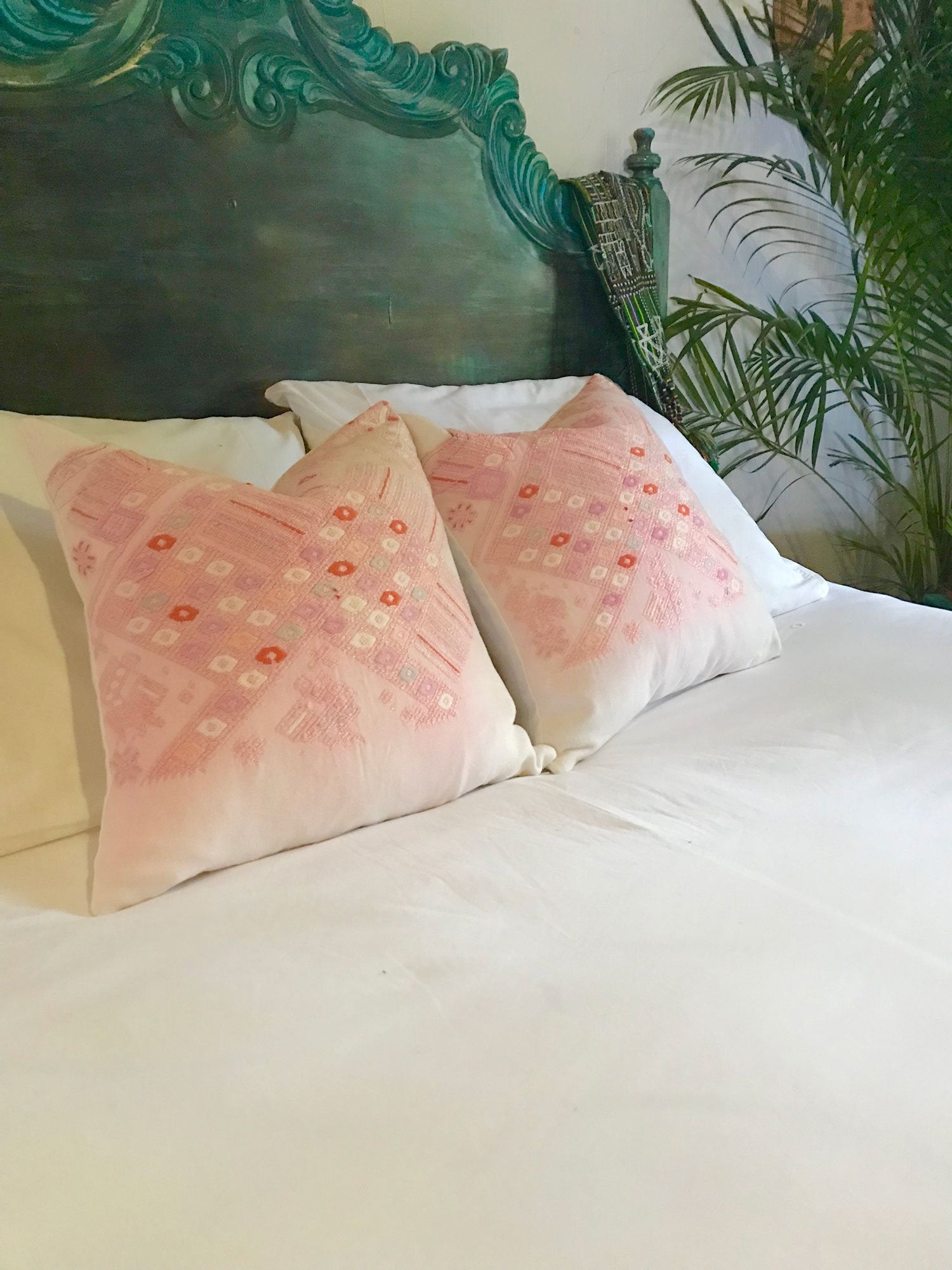 Guatemalan Huipil Pillow, vintage, hand woven pink and white throw cushion from Nahuala