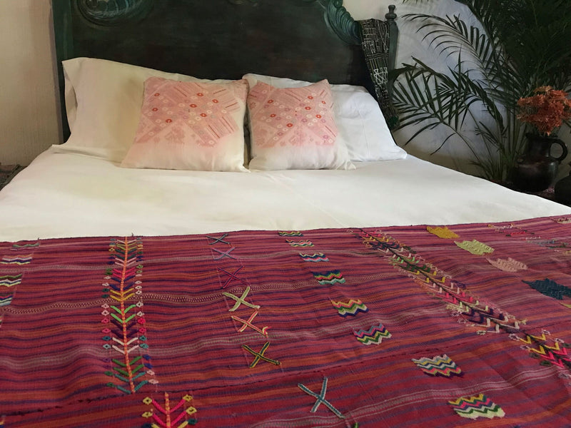 Guatemalan Huipil Pillow, vintage, hand woven pink and white throw cushion from Nahuala