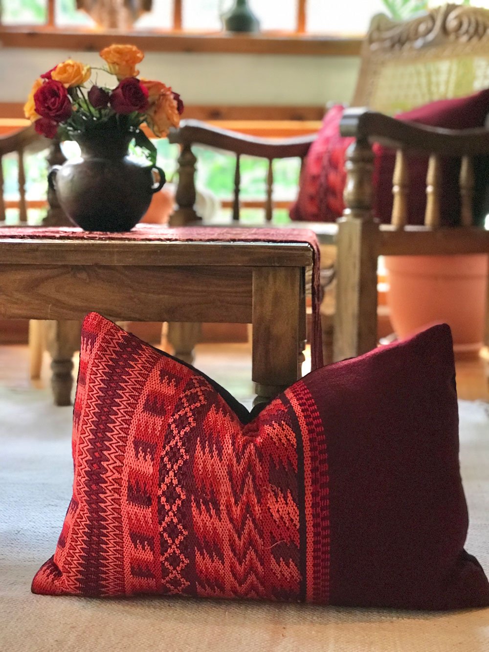 Guatemalan Huipil Pillow, vintage, hand woven red lumbar cushion from Santa Maria de Jesus