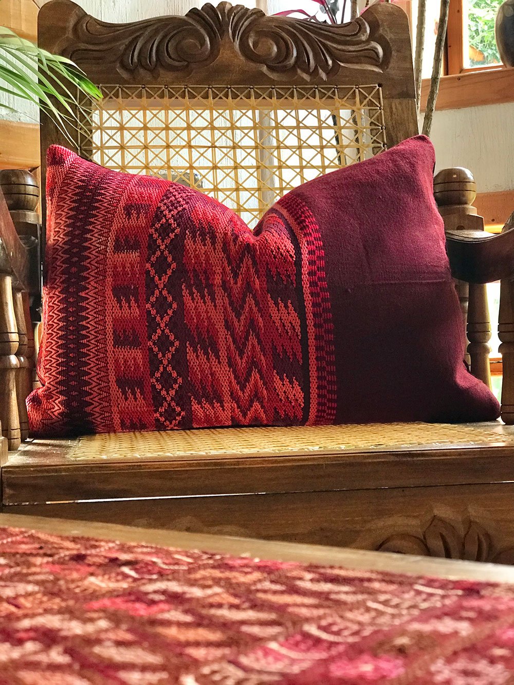 Guatemalan Huipil Pillow, vintage, hand woven red lumbar cushion from Santa Maria de Jesus