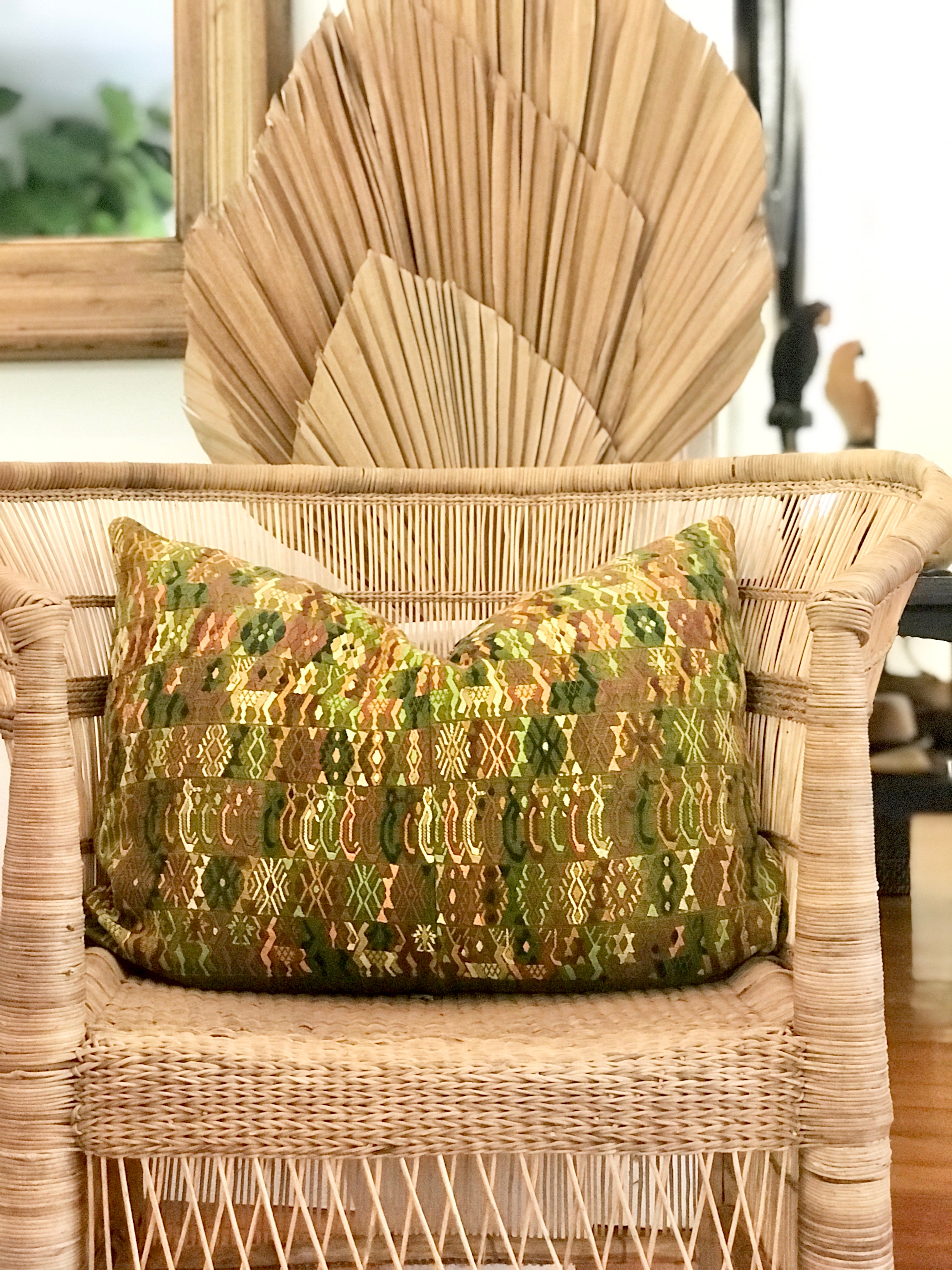 Guatemalan embroidered huipil pillow. Tribal symbols for bohemian decor.