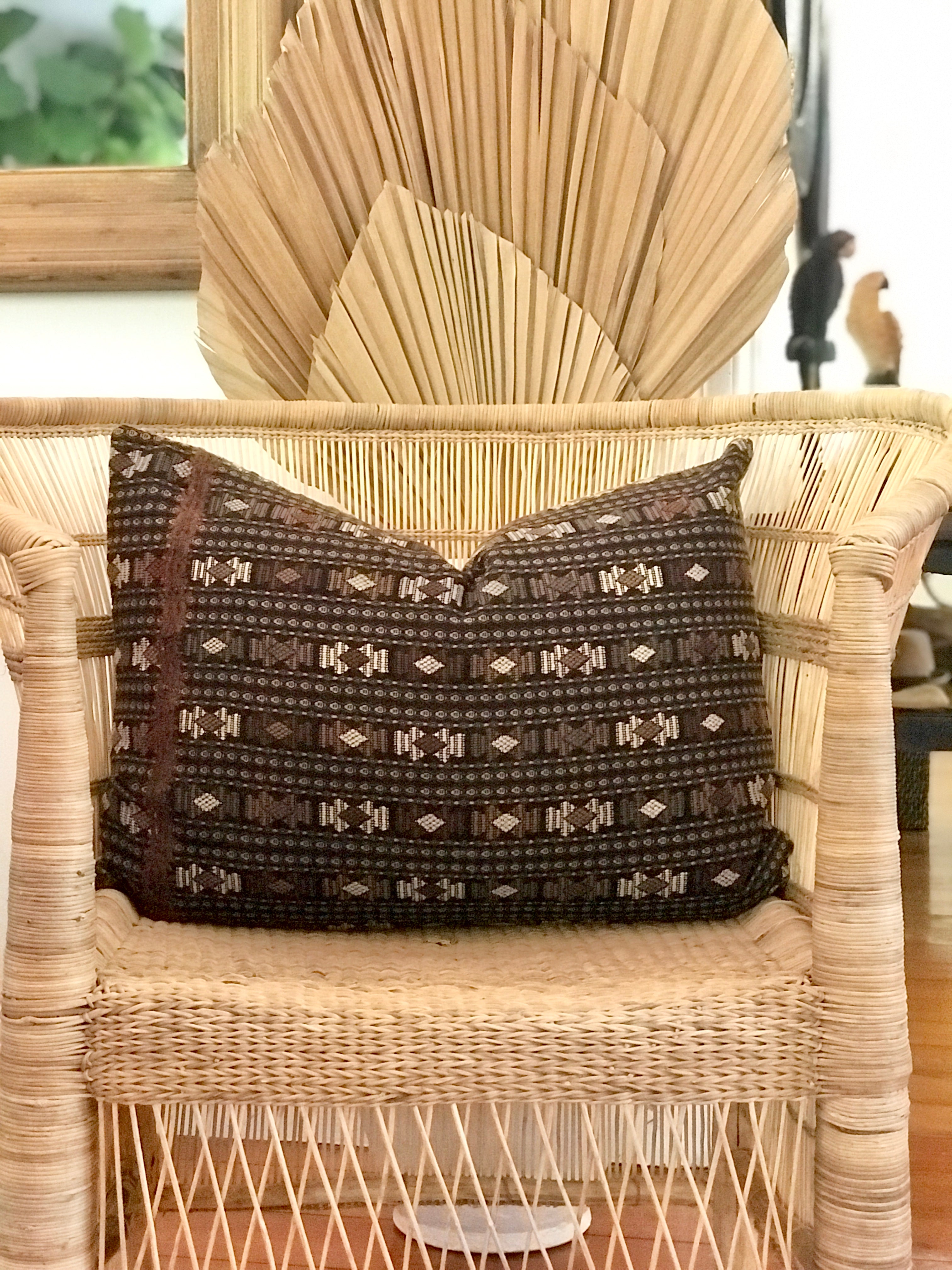 Guatemalan embroidered huipil pillow. Tribal symbols for bohemian decor.