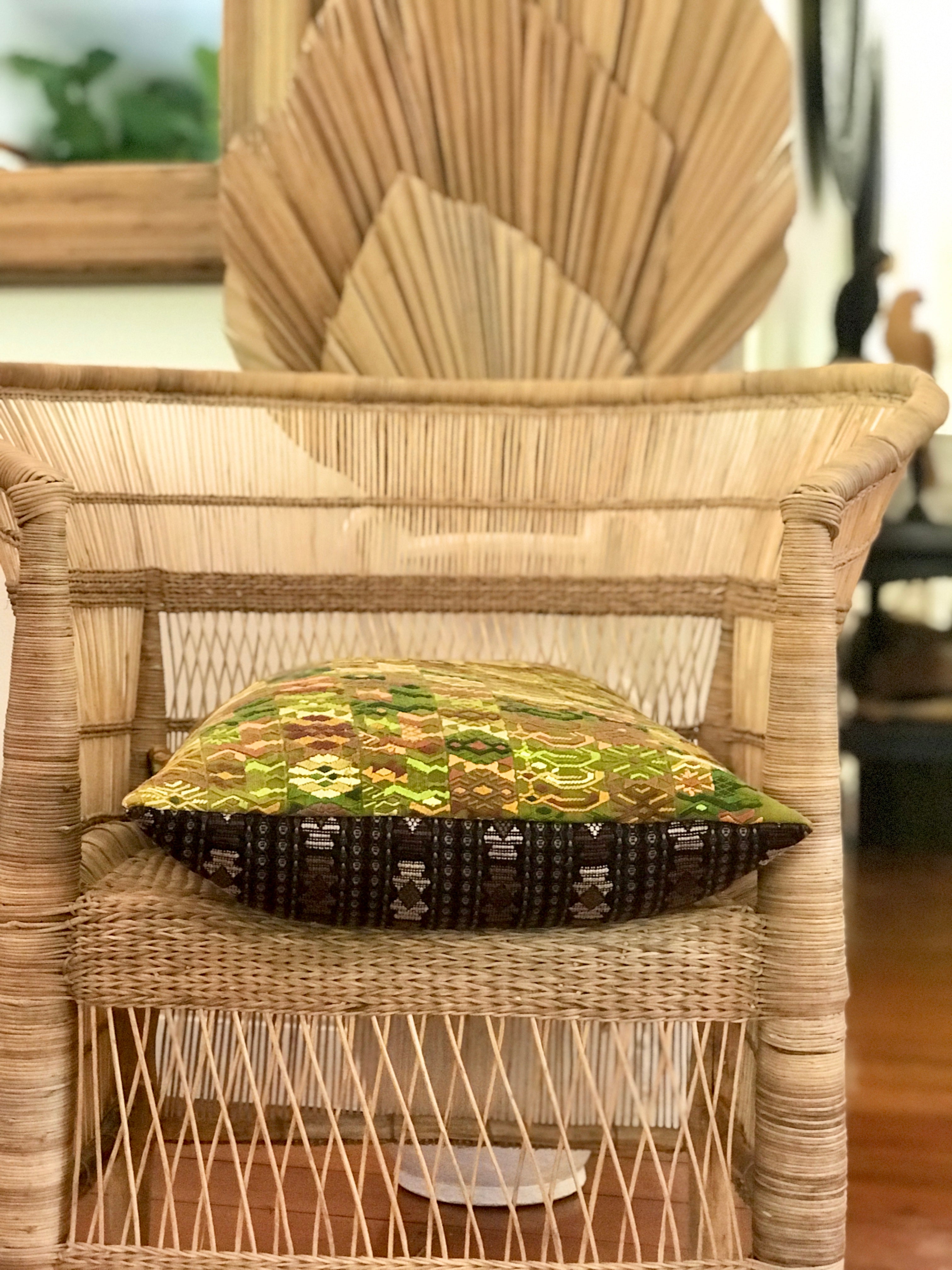 Guatemalan embroidered huipil pillow. Tribal symbols for bohemian decor.
