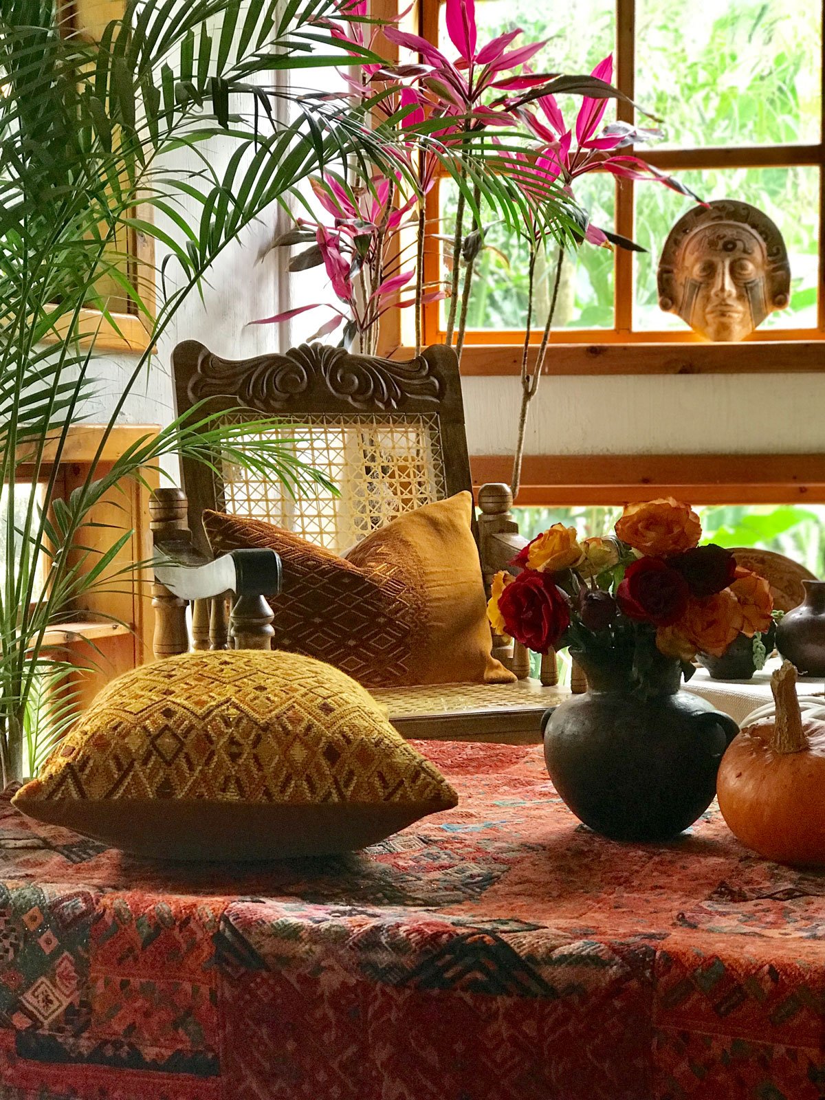 Guatemalan Huipil Pillow, vintage, hand woven mustard lumbar cushion from Santa Maria de Jesus