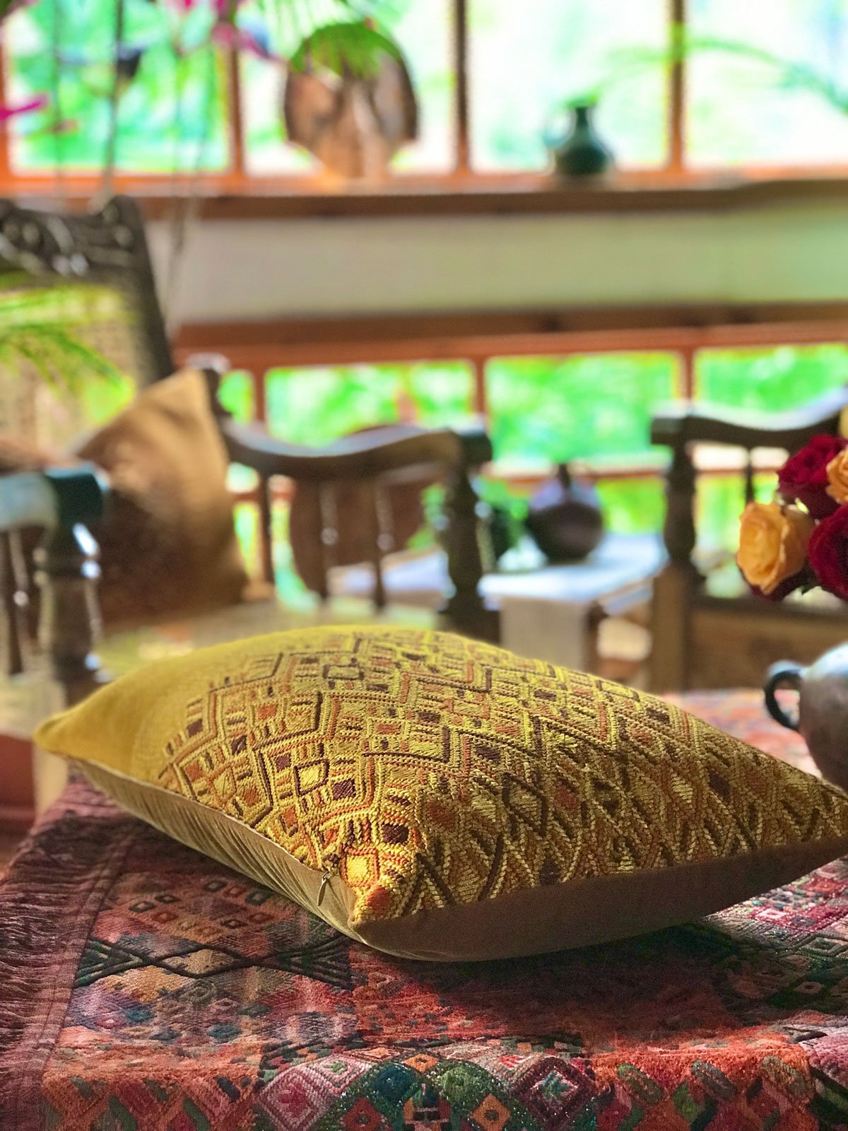 Guatemalan Huipil Pillow, vintage, hand woven mustard lumbar cushion from Santa Maria de Jesus