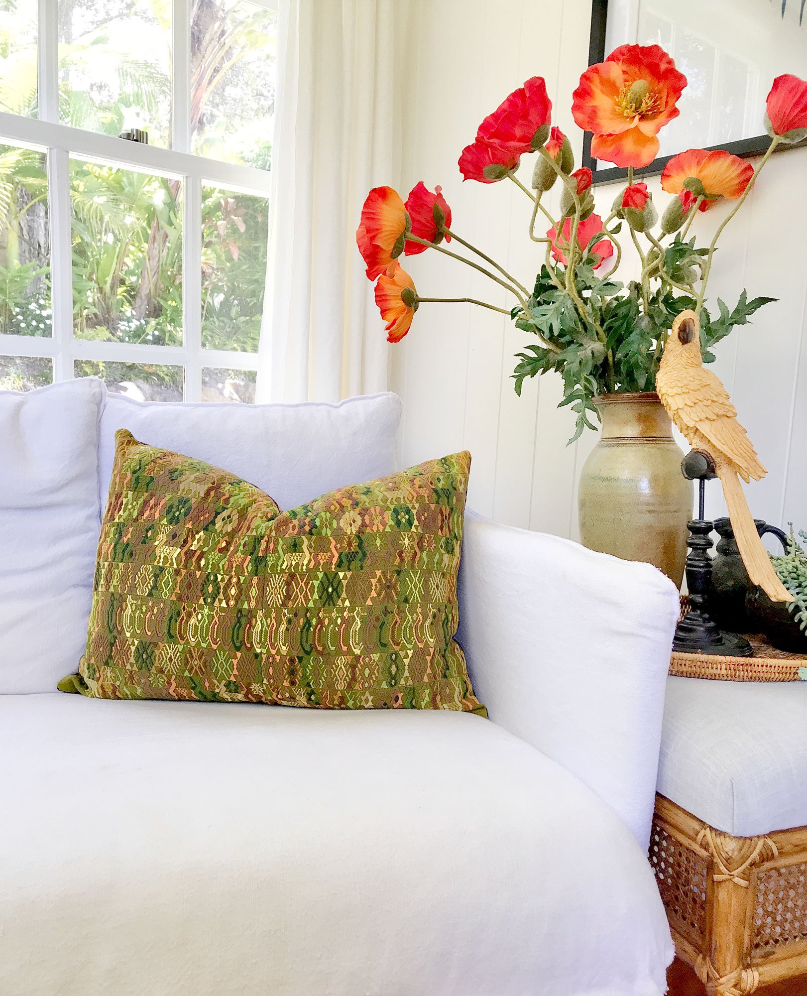 Guatemalan embroidered huipil pillow. Tribal symbols for bohemian decor.
