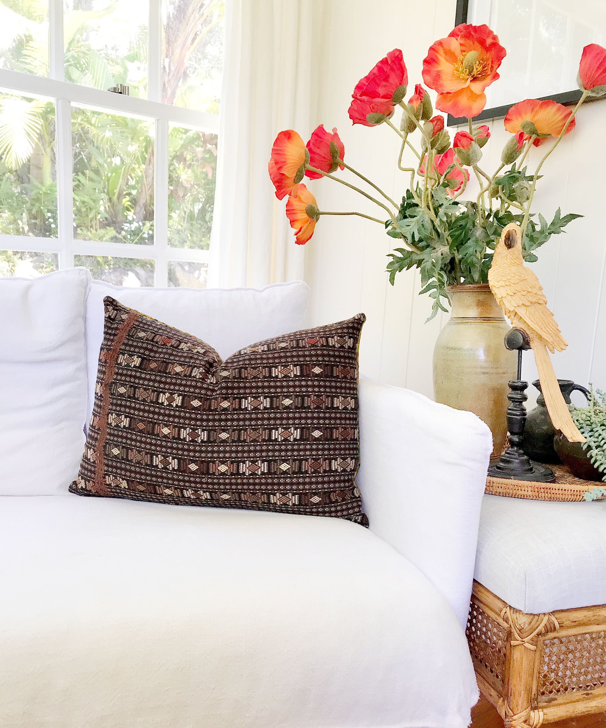 Guatemalan embroidered huipil pillow. Tribal symbols for bohemian decor.