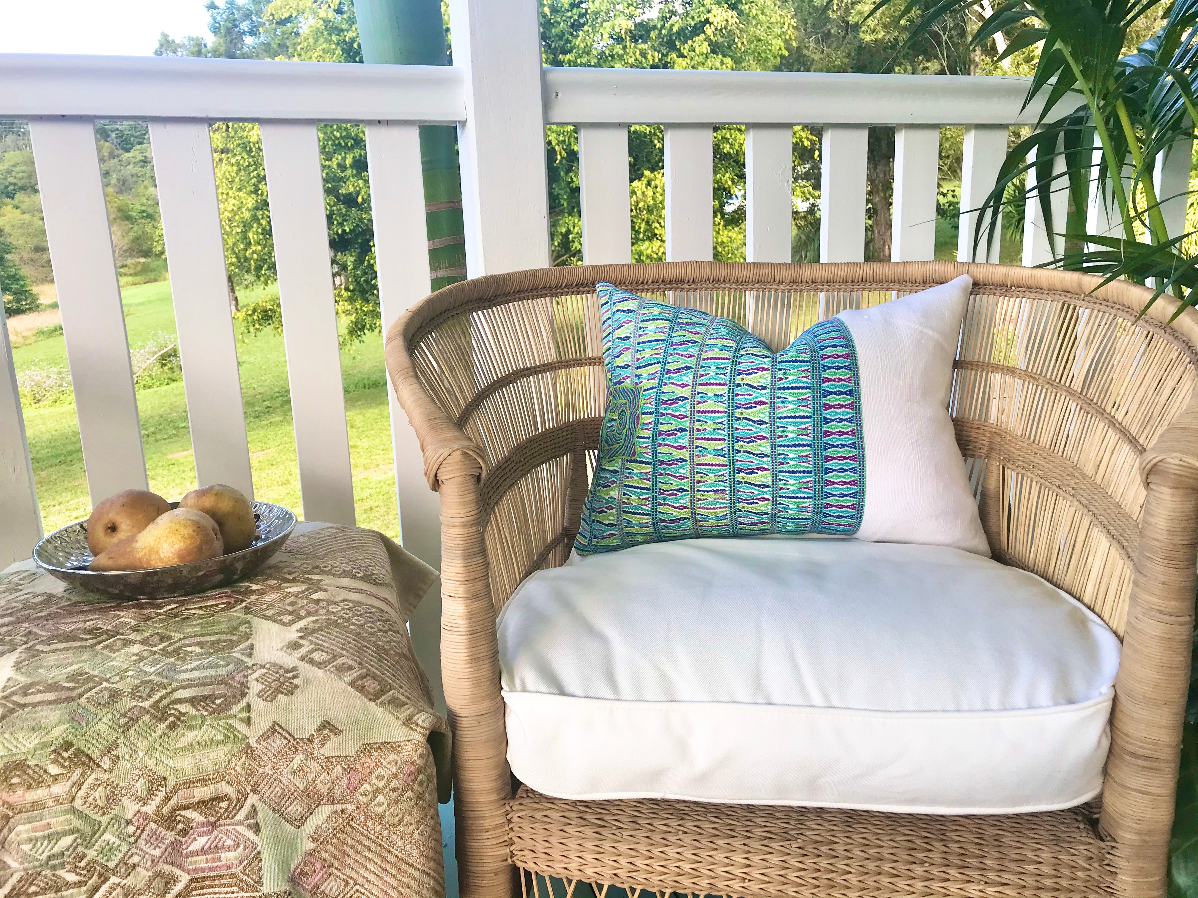 Guatemalan Huipil Pillow, vintage, hand woven blue and white lumbar cushion from San Juan Cotzal