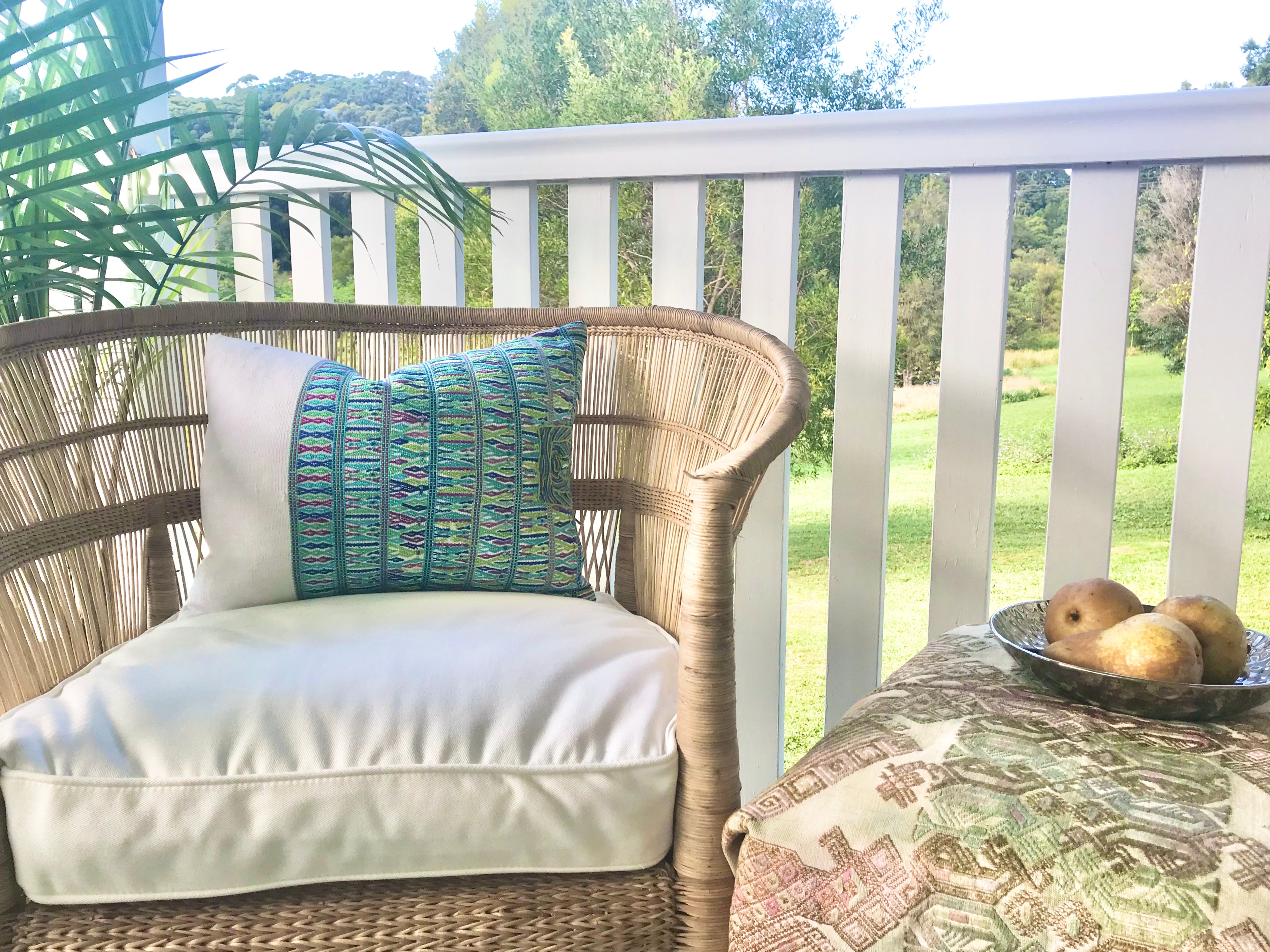 Guatemalan Huipil Pillow, vintage, hand woven blue and white lumbar cushion from San Juan Cotzal