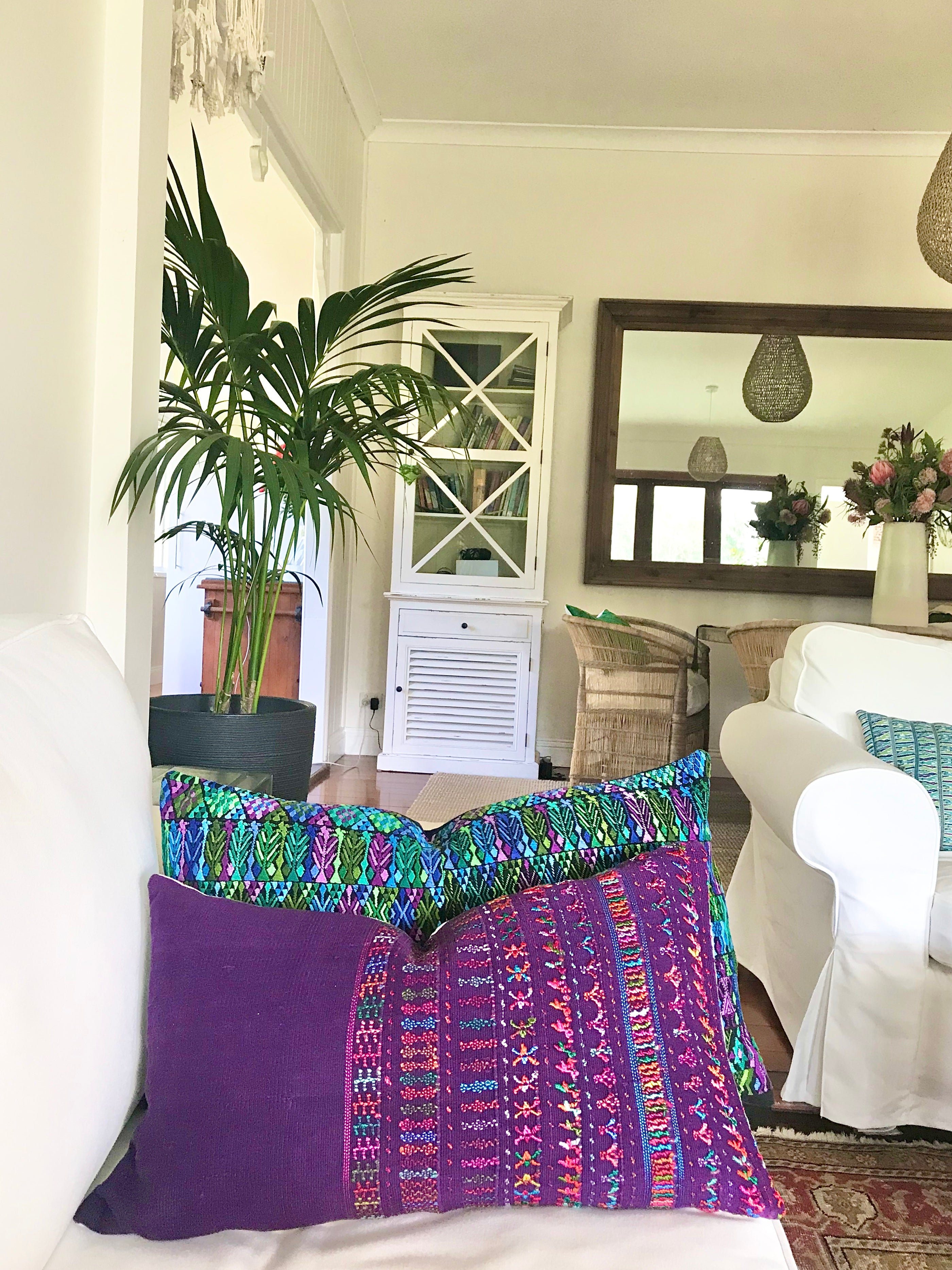 Guatemalan Huipil Pillow, Vintage, hand woven purple embroidered lumbar cushion from San Lucas