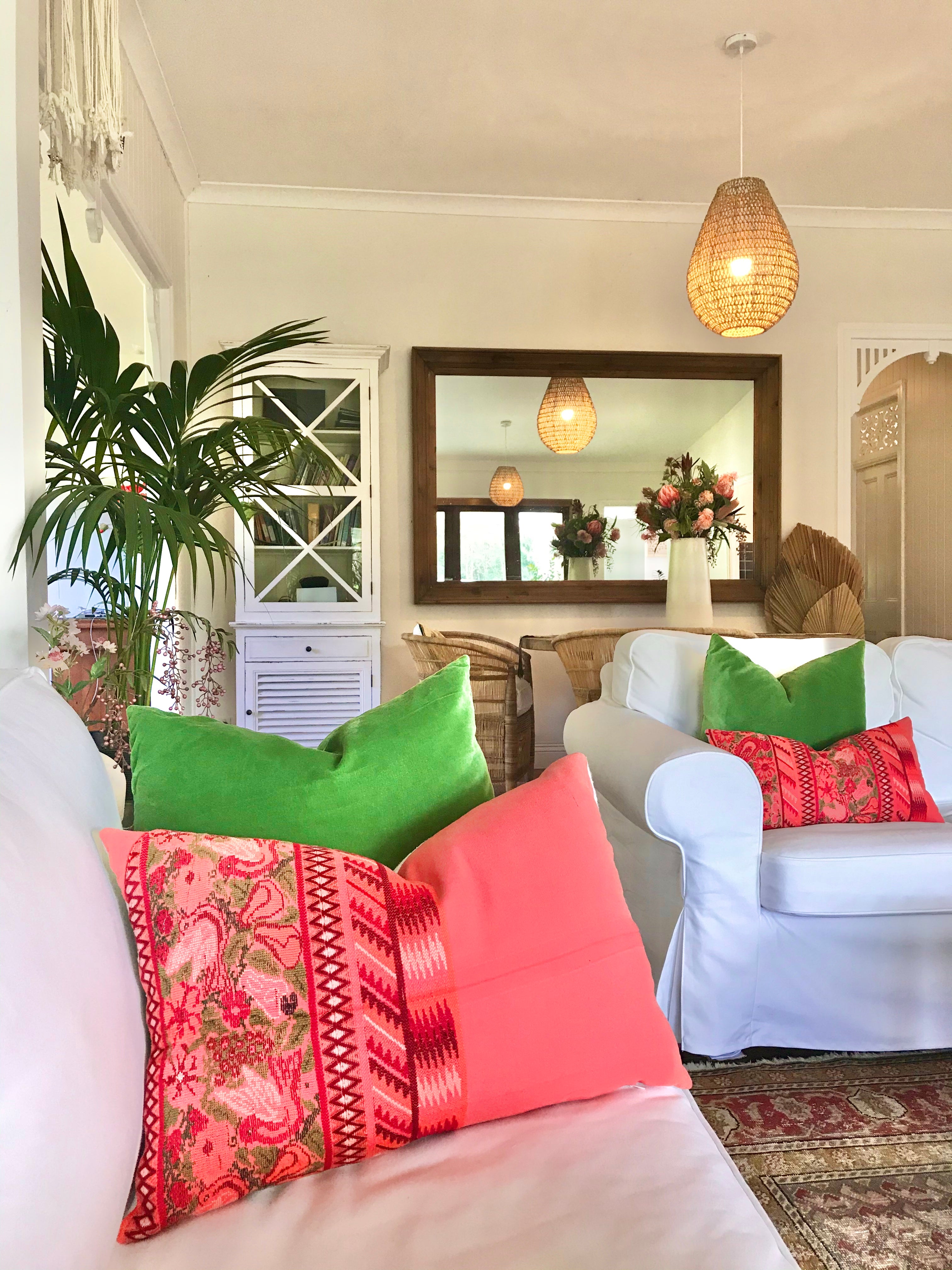 Guatemalan Huipil Pillow, Vintage, hand woven coral floral lumbar cushion from Aguas Calientas