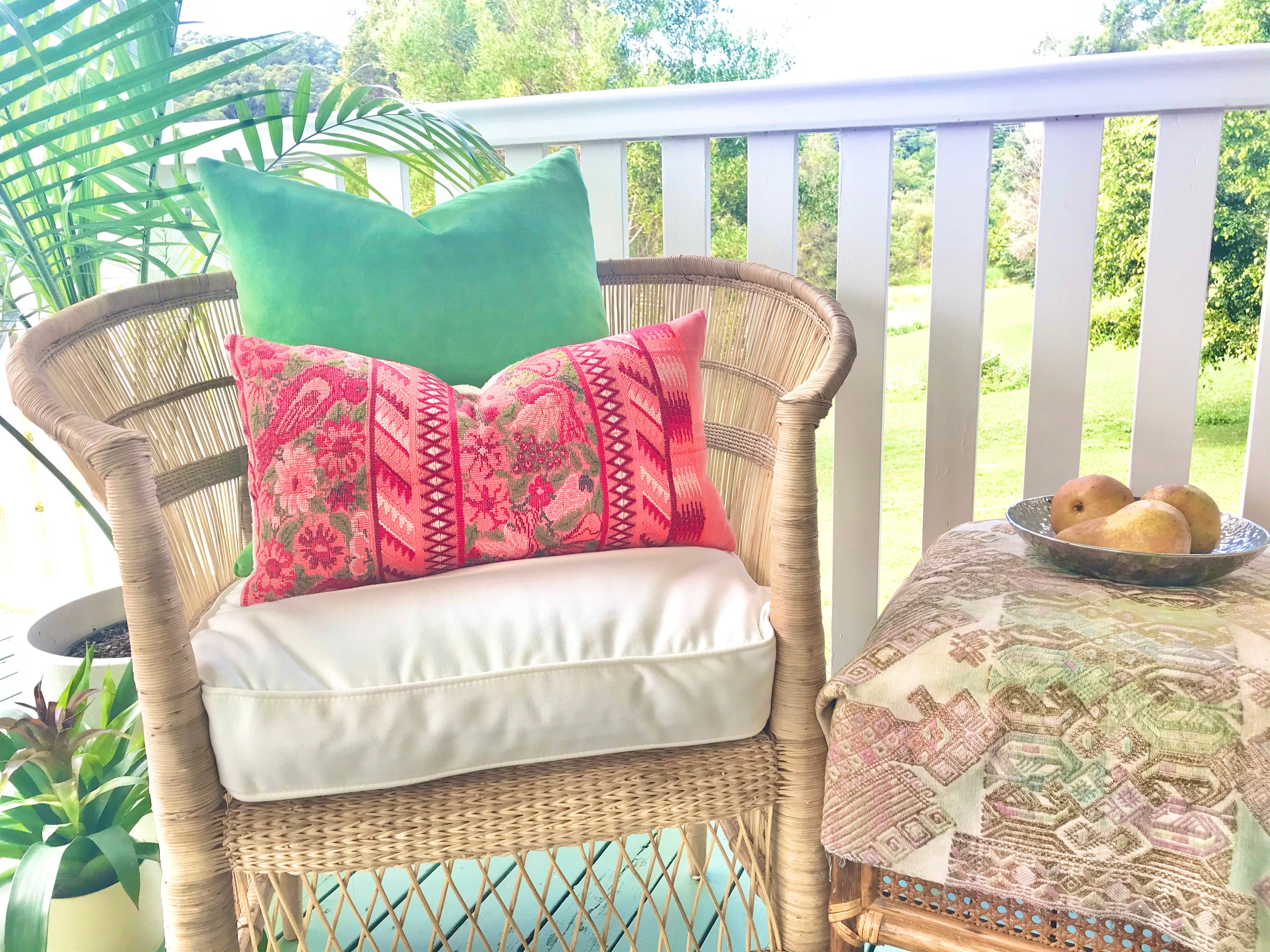 Guatemalan Huipil Pillow, Vintage, hand woven coral floral lumbar cushion from Aguas Calientas