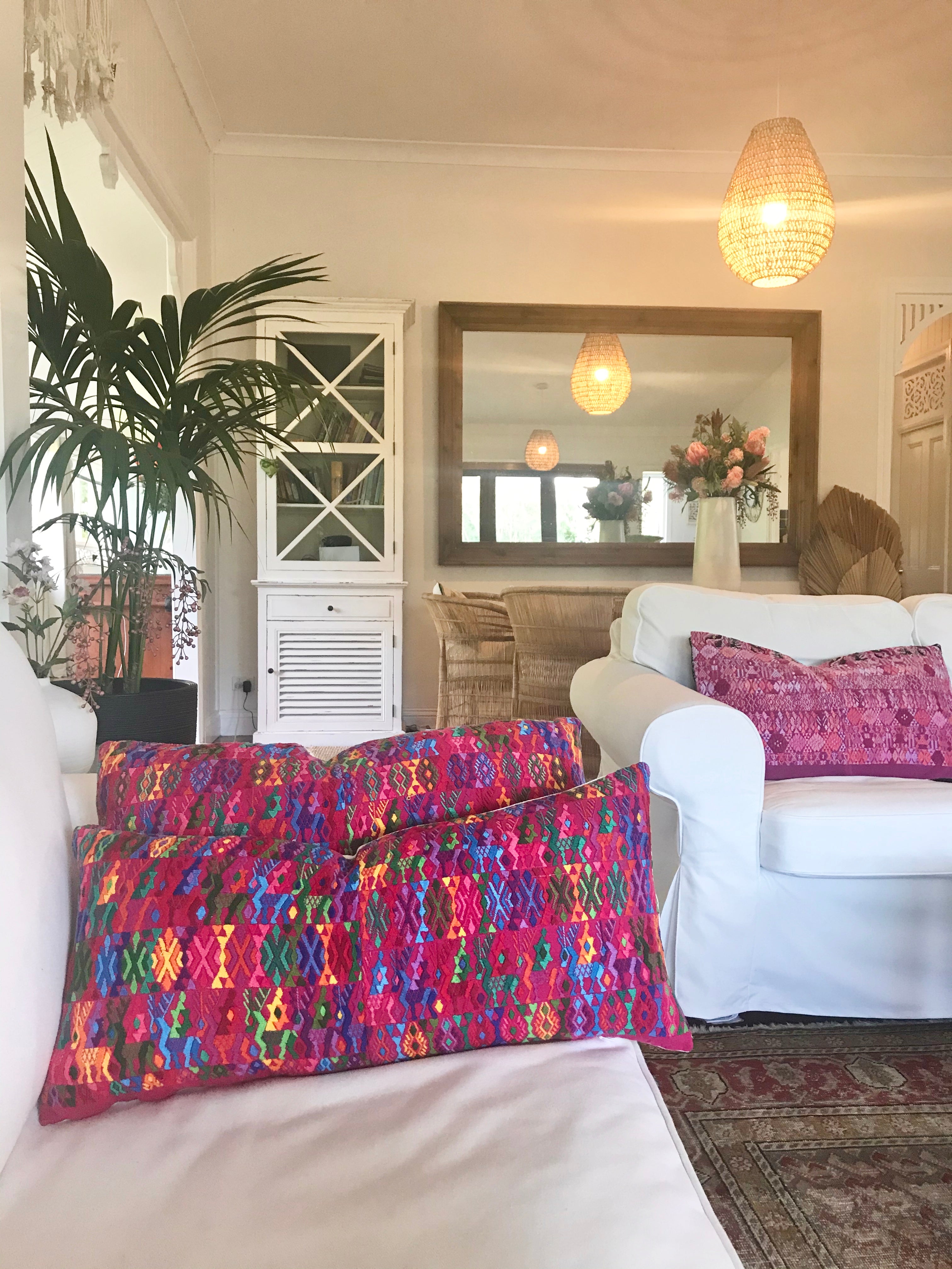 Guatemalan Huipil Pillow, vintage, hand woven colourful pink lumbar cushion from Coban