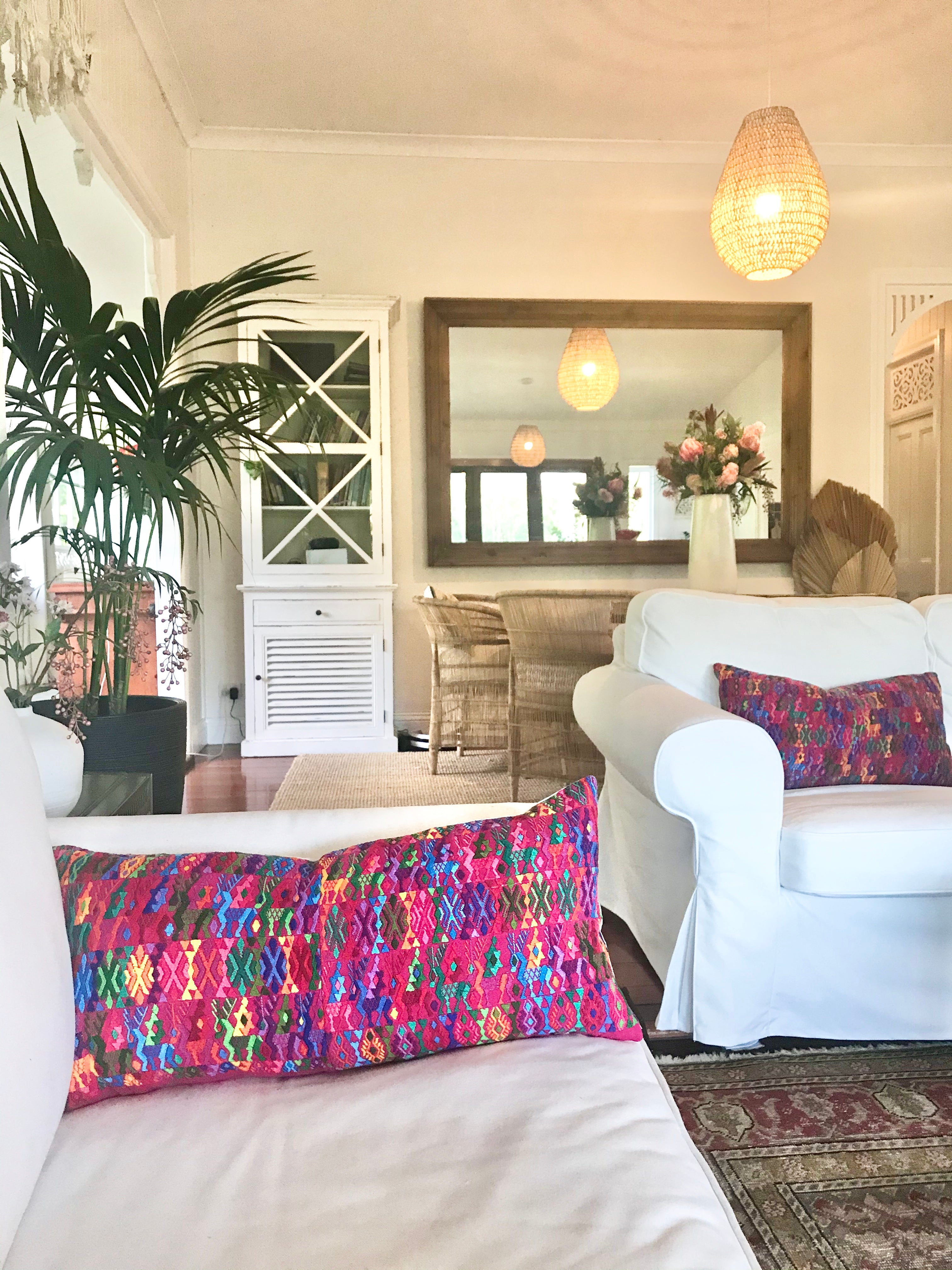 Guatemalan Huipil Pillow, vintage, hand woven colourful pink lumbar cushion from Coban