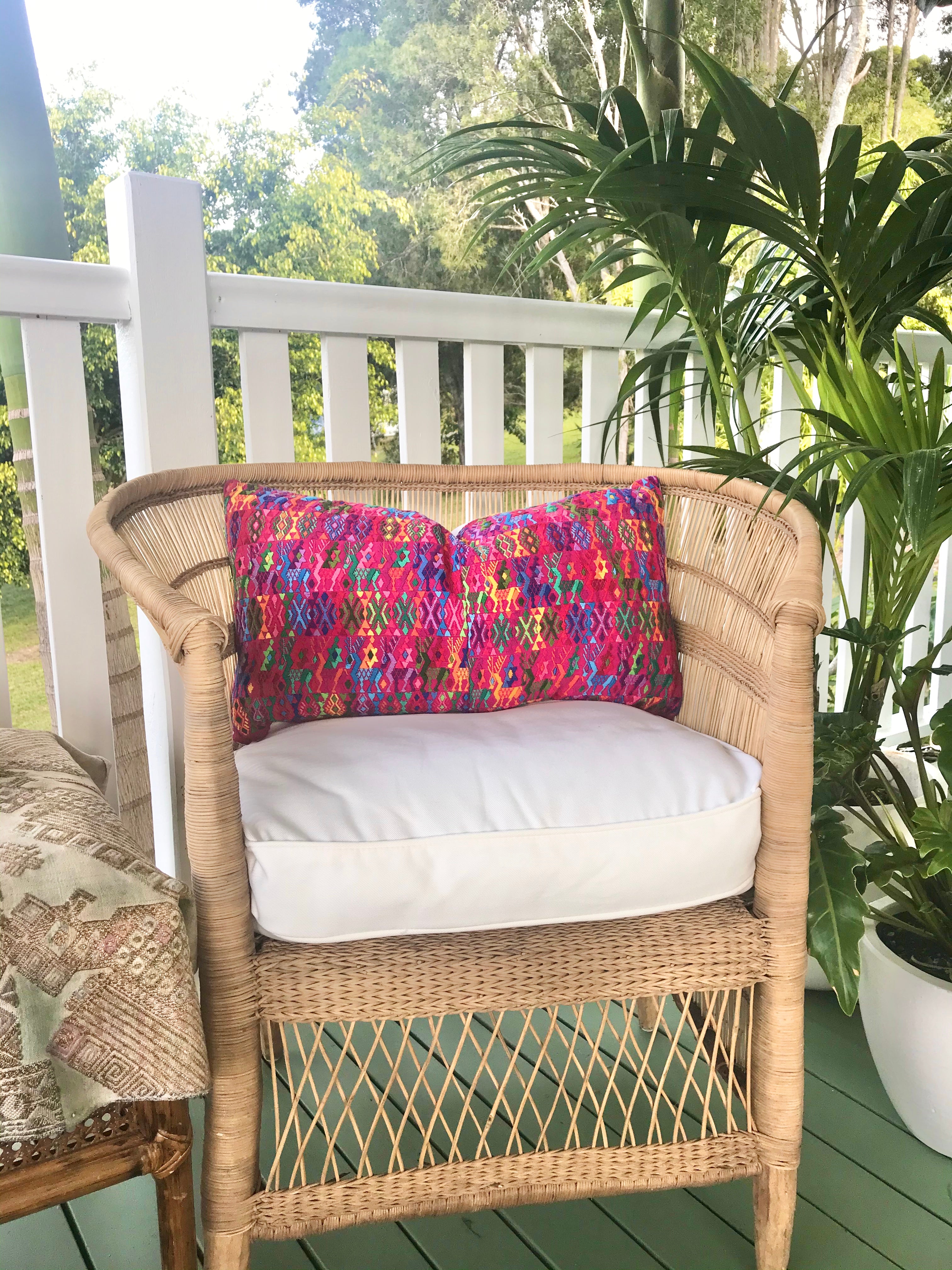 Guatemalan Huipil Pillow, vintage, hand woven colourful pink lumbar cushion from Coban