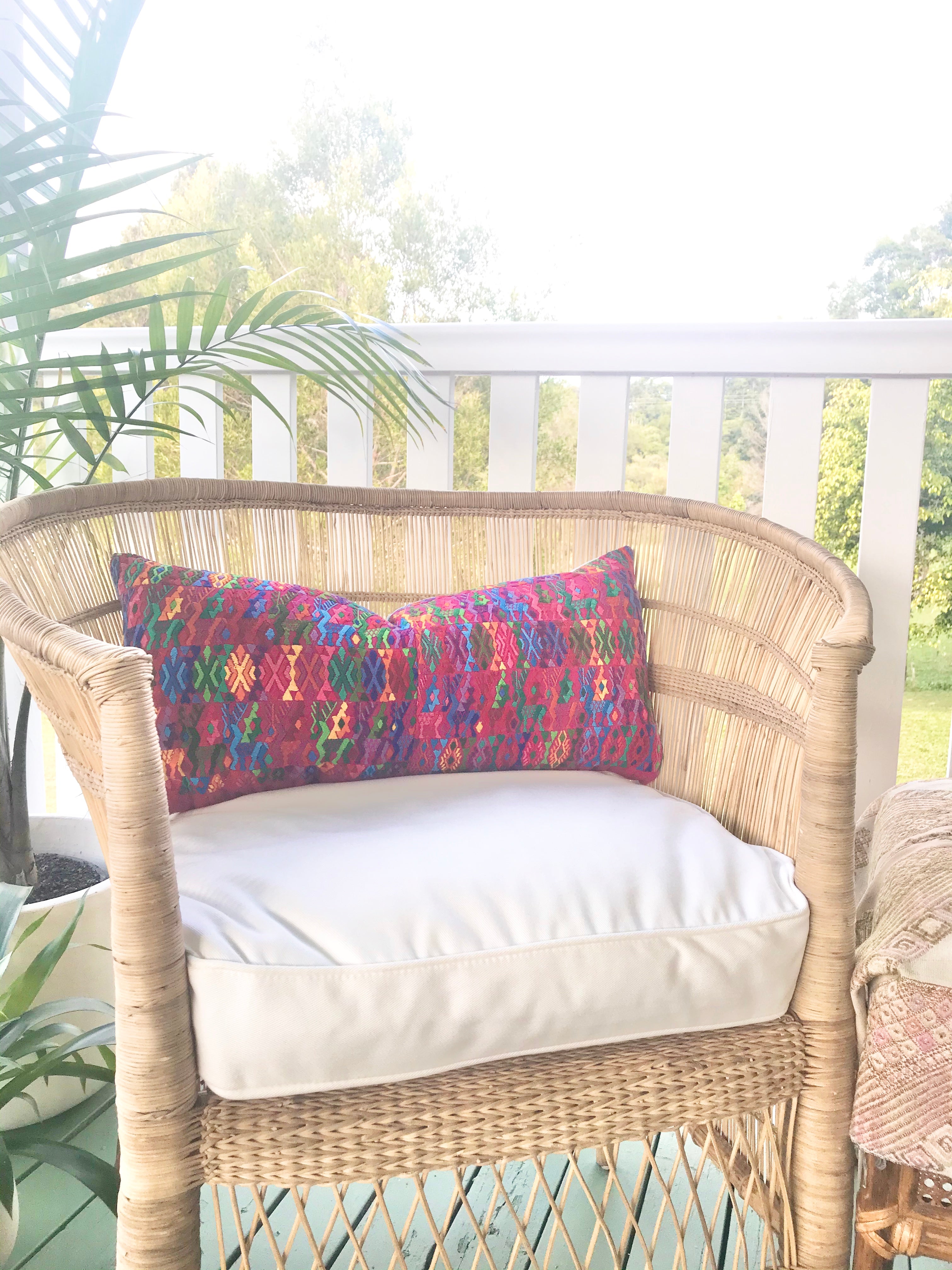 Guatemalan Huipil Pillow, vintage, hand woven colourful pink lumbar cushion from Coban