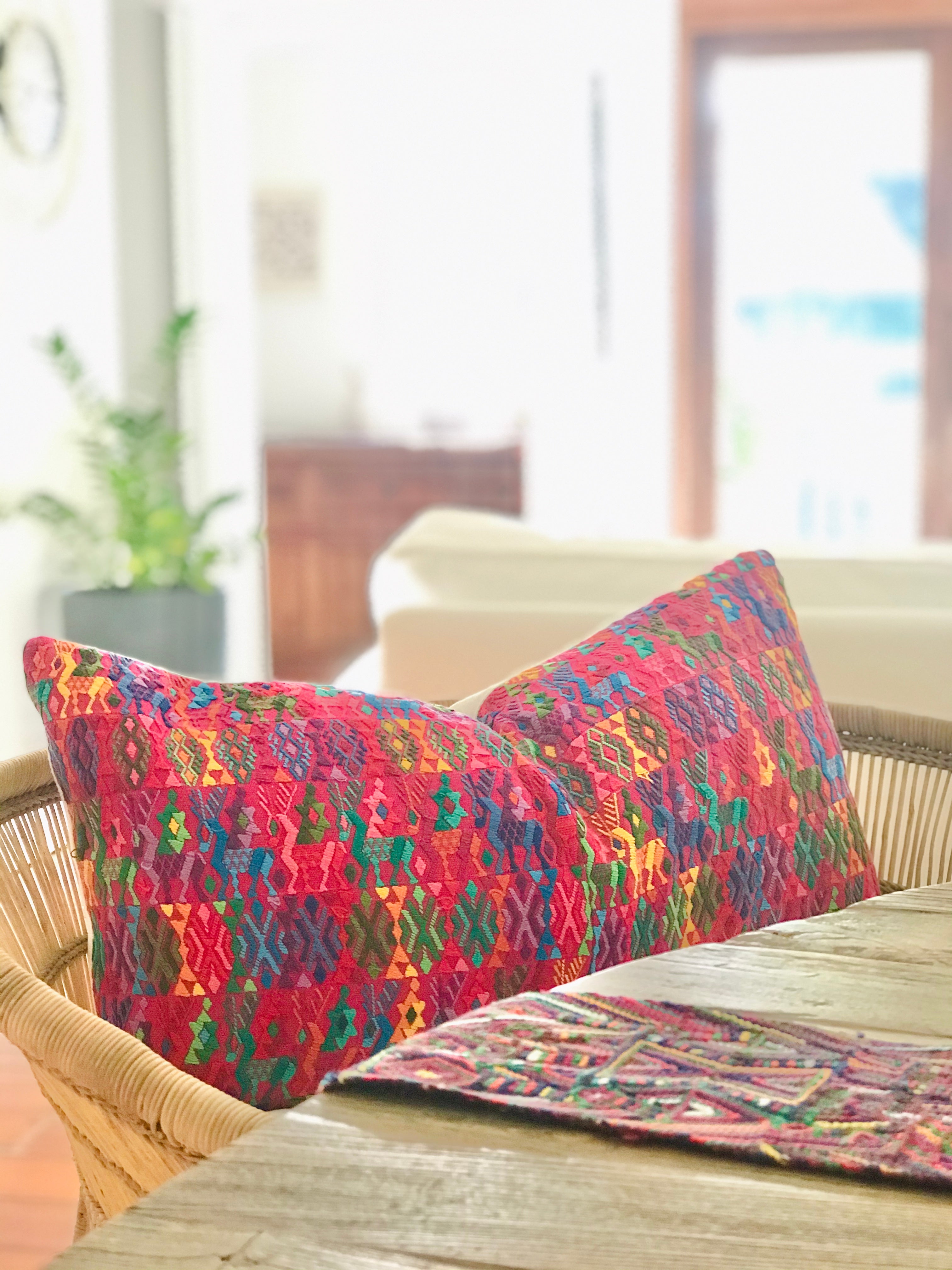 Guatemalan Huipil Pillow, vintage, hand woven colourful pink lumbar cushion from Coban