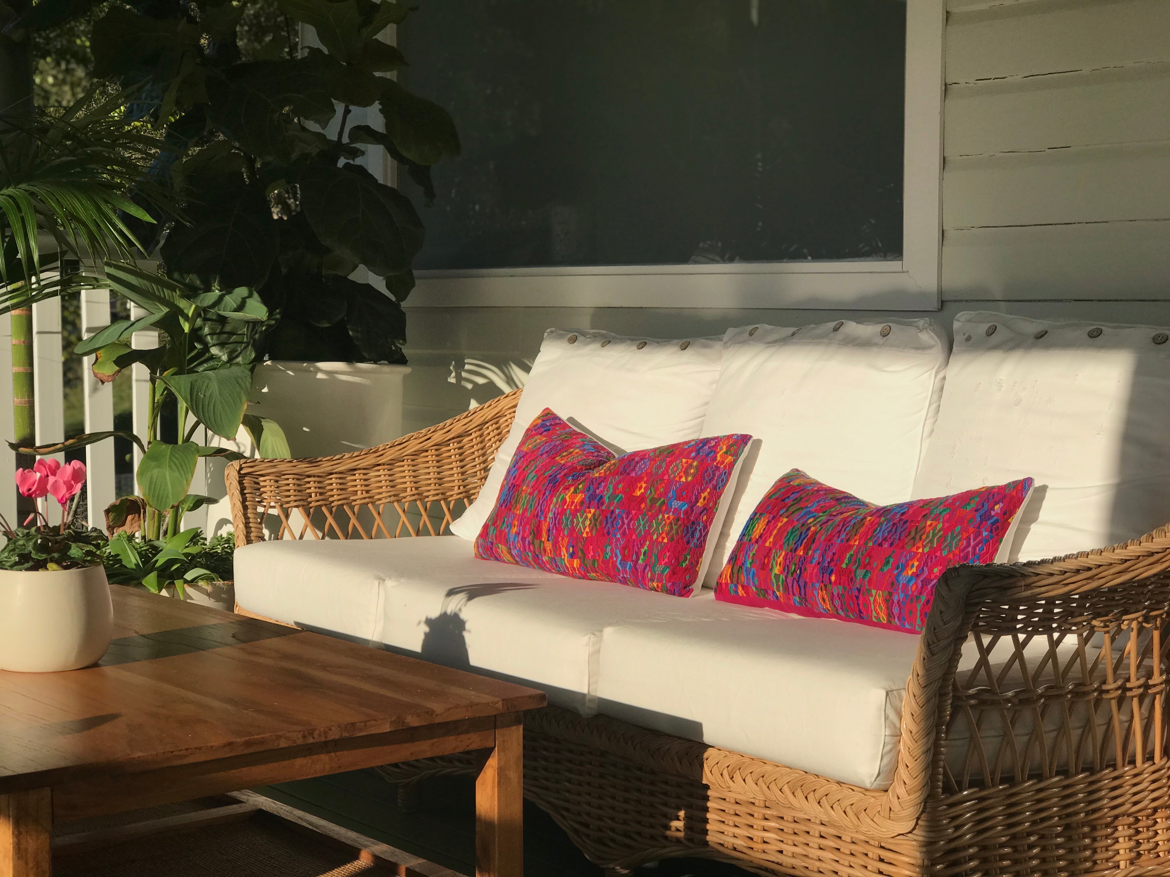 Guatemalan Huipil Pillow, vintage, hand woven colourful pink lumbar cushion from Coban