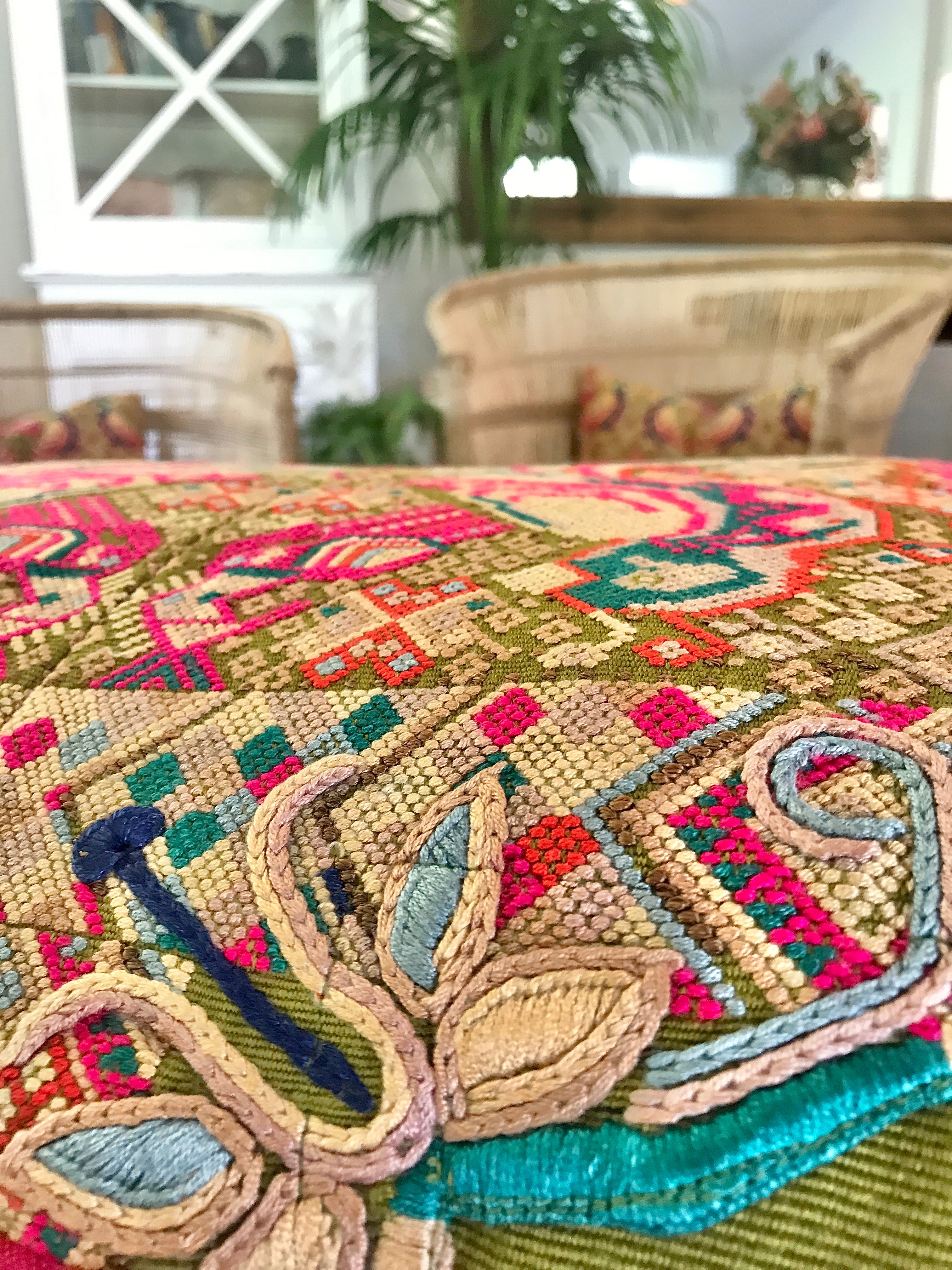 Vintage textile pillows made from a Guatemalan huipil and corte.