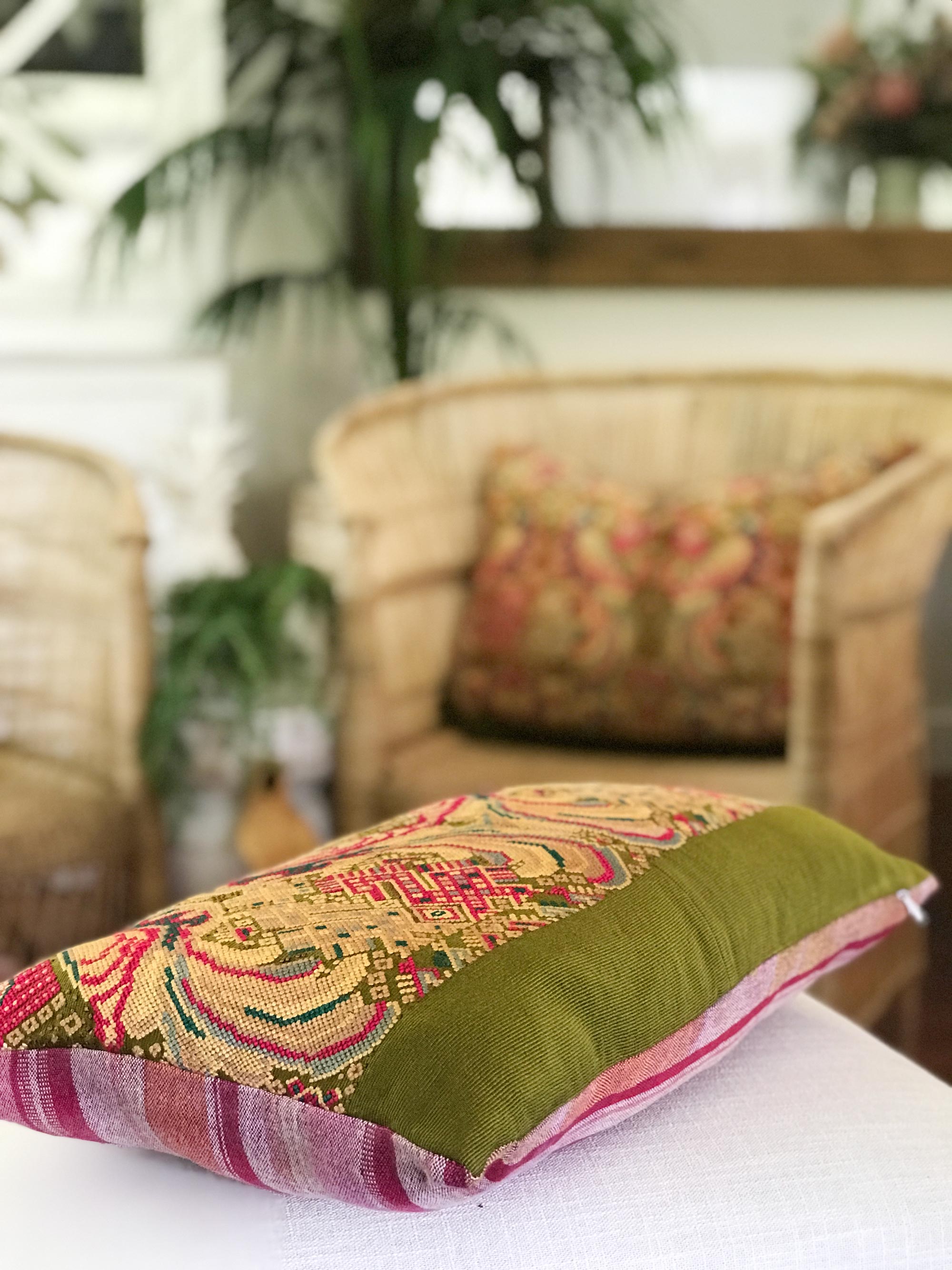 Vintage textile pillows made from a Guatemalan huipil and corte.