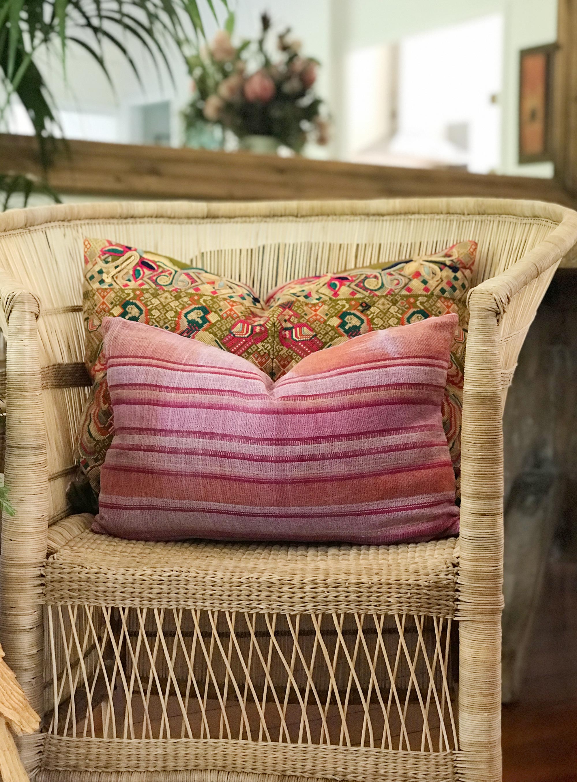 Vintage textile pillows made from a Guatemalan huipil and corte.