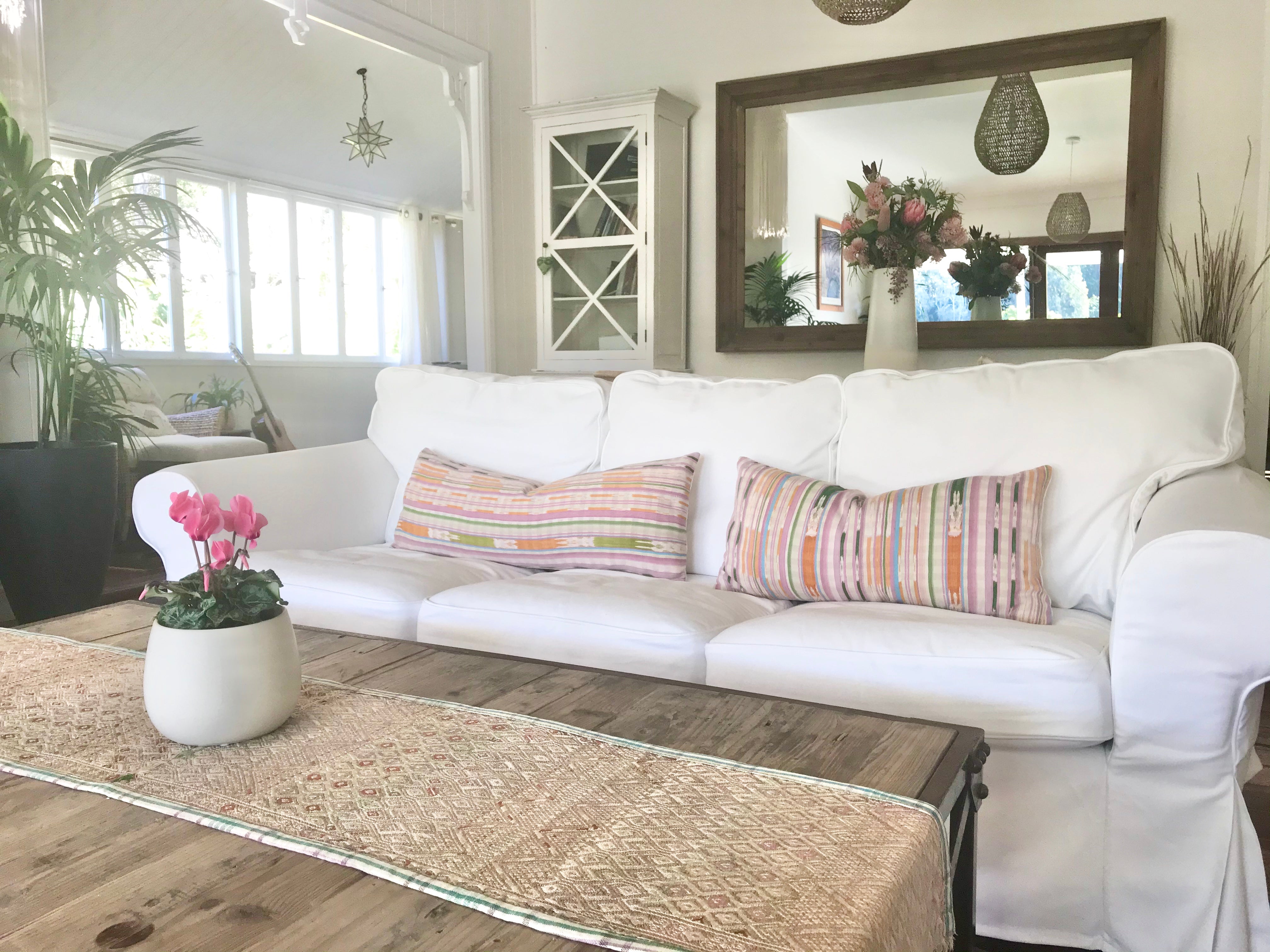 Guatemalan Corte Pillow, hand woven pastel striped ikat long lumbar cushion