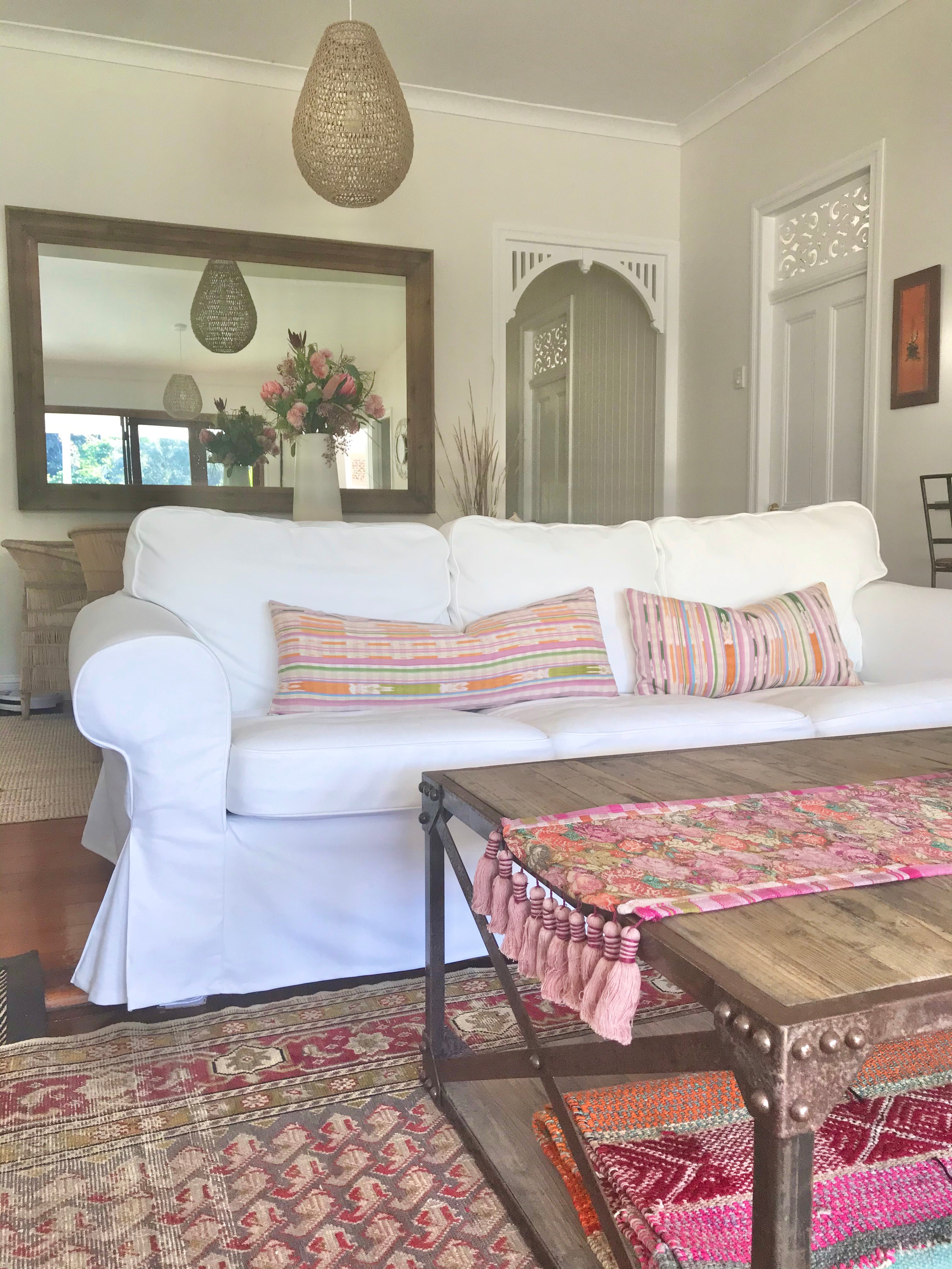 Guatemalan Corte Pillow, hand woven pastel striped ikat long lumbar cushion