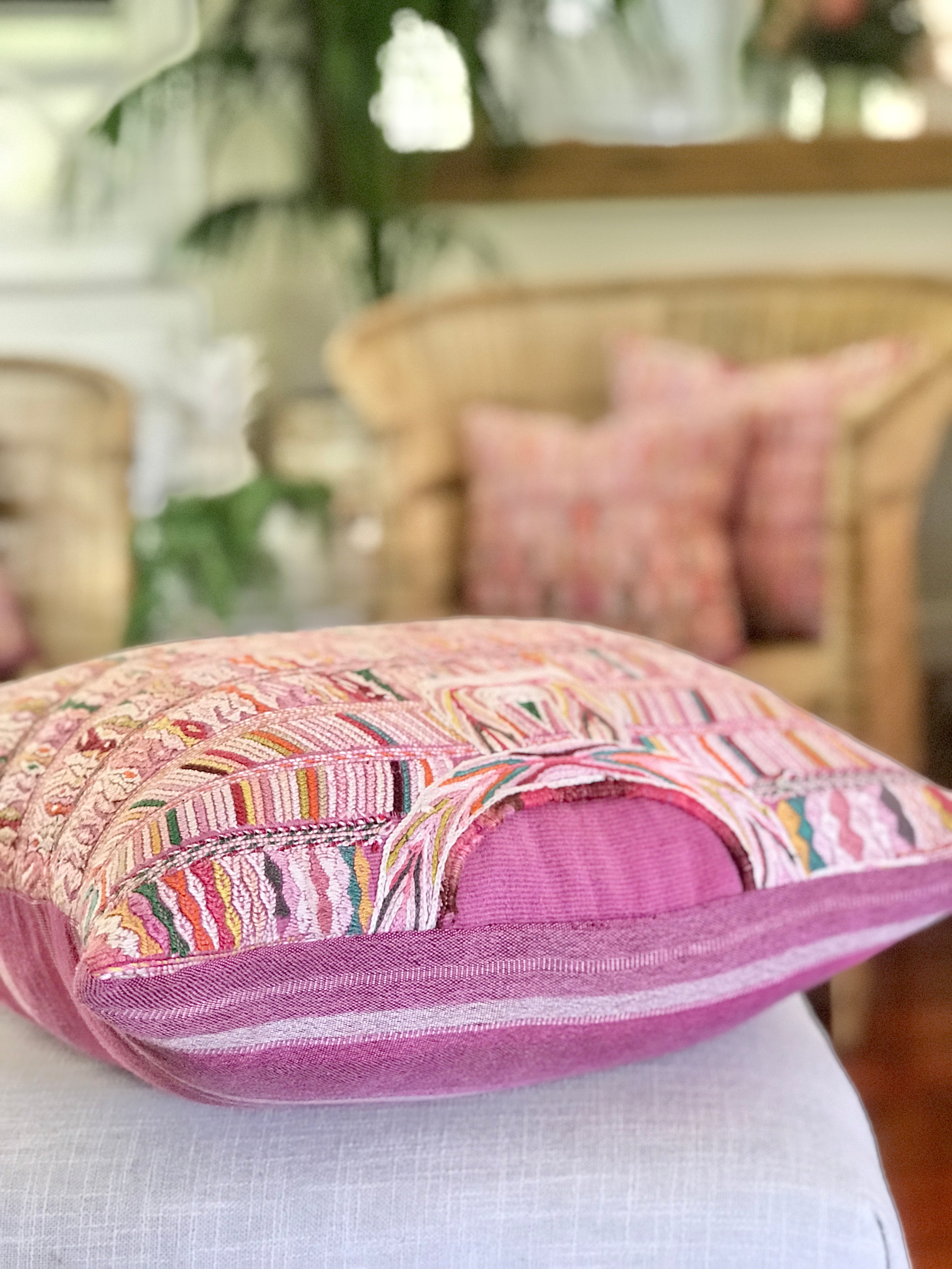 Vintage textile cushions made from a Guatemalan huipil and corte.